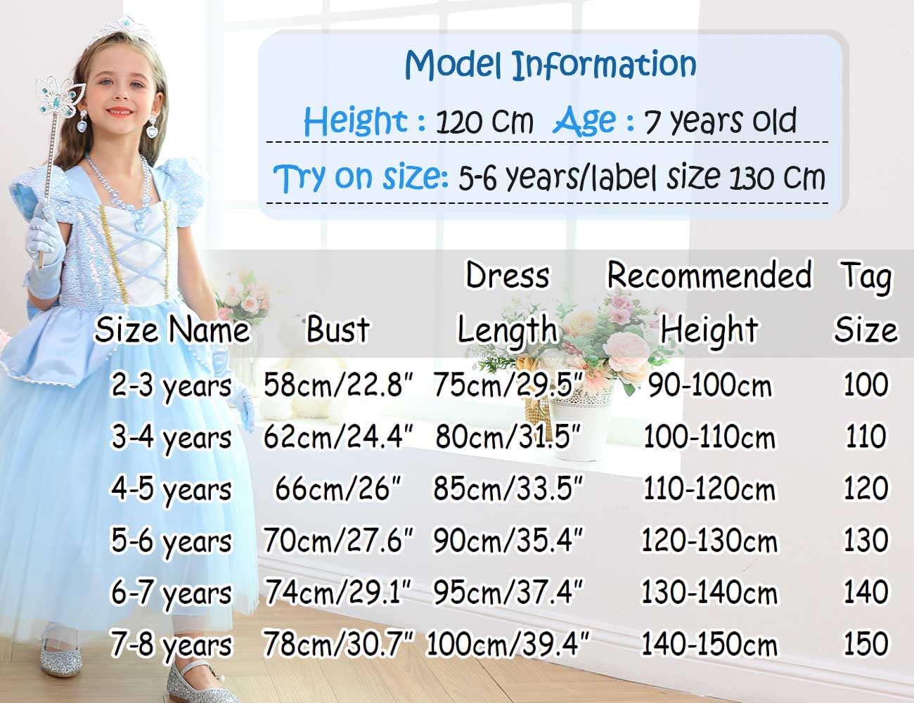 Blue Princess Dress for Little Girls with Accessories Halloween Birthday Party Costume