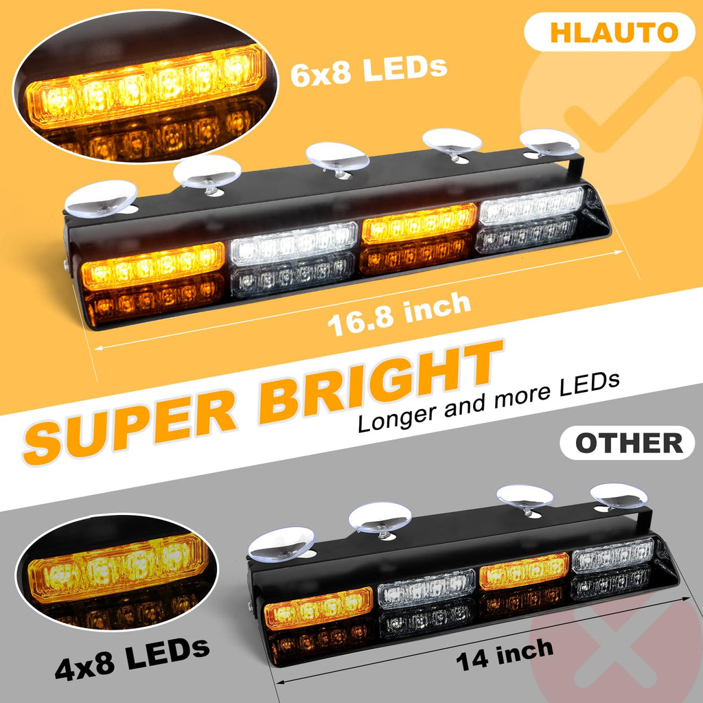 HLauto 604N Emergency Dash Strobe Lights: 2x16.8 inch Amber White Security Light w/Take Down, 48 LED Safety Flashing Warning Hazard Interior Windshield Light Bar for Truck Vehicle