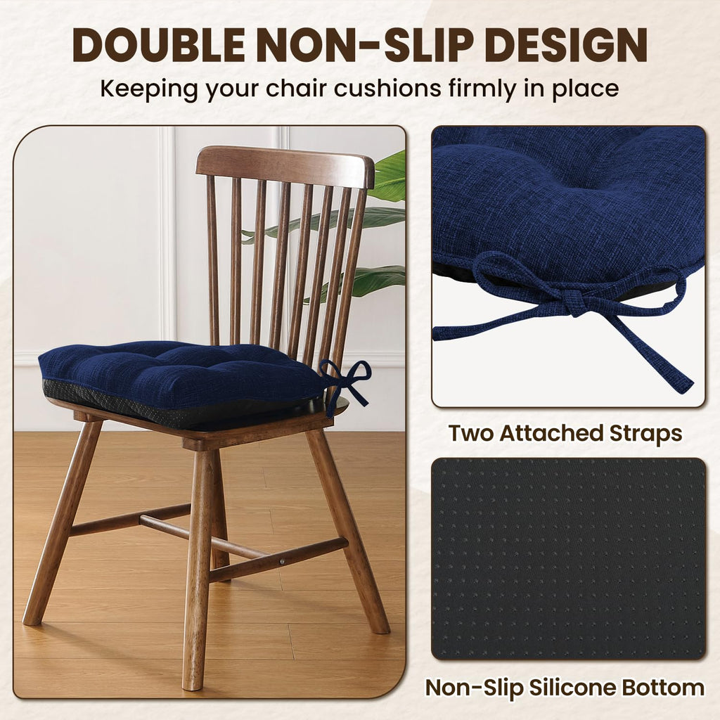 downluxe Indoor Chair Cushions for Dining Chairs, Tufted Overstuffed Textured Kitchen Chair Pads with Ties and Non-Slip Backing, 15.5" x 15.5" x 4", Aqua Blue, 4 Pack