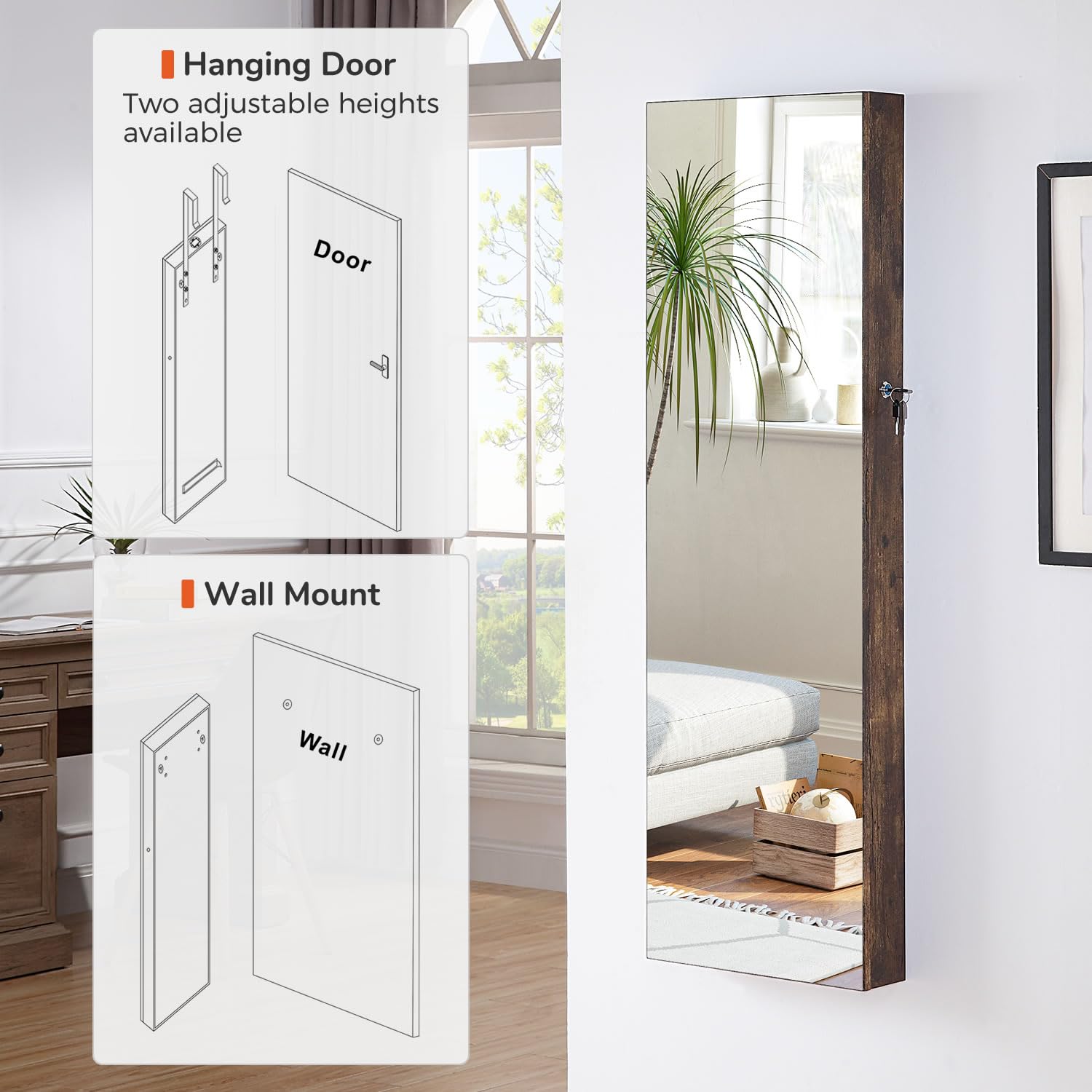 GISSAR Full Length Mirror Jewelry Cabinet, 6 LEDs Jewelry Armoire Wall Mounted Over The Door Hanging, Jewelry Organizer Storage with Lights Lockable, Black, 14.6" x 47.2"