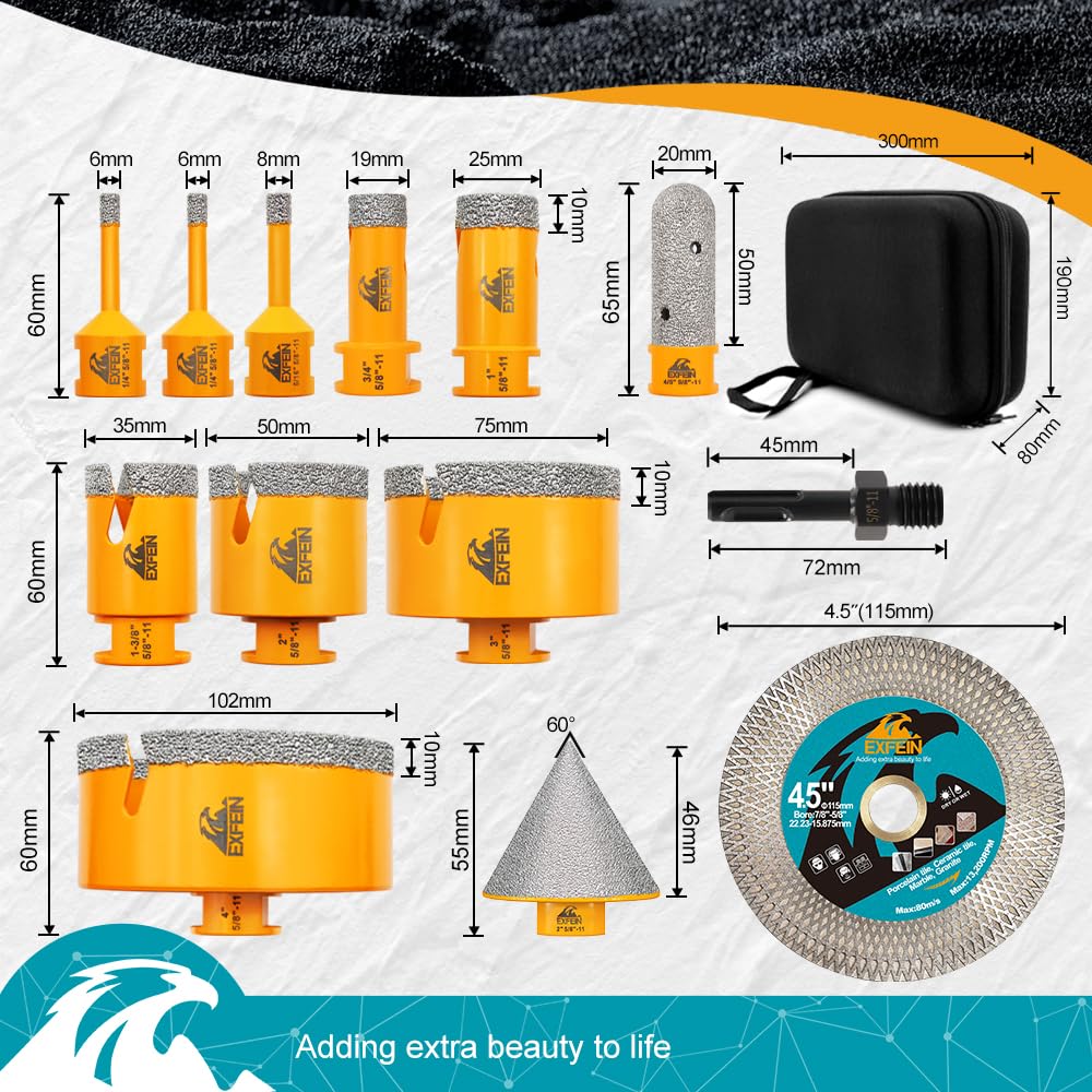 Diamond Tile Hole Saw Kit 12pcs - 6/8/10/25/35/50/65mm Core Drill Bits,10mm Milling Bit and 2" Chamfer Bit with Hex Adapter and 4.5" 2pcs Diamond Blade and for Tile Porcelain Marble