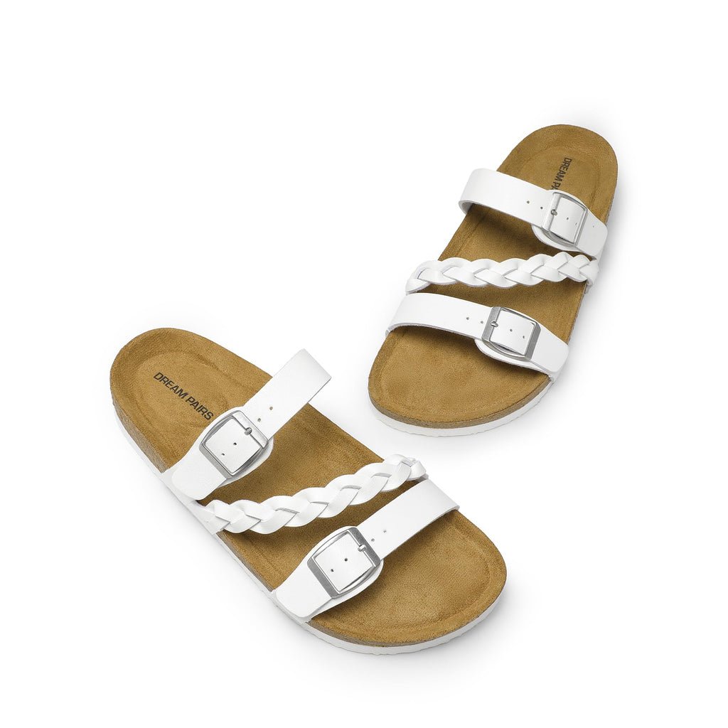 DREAM PAIRS Women's Slides Soft Cork Footbed Sandals Comfortable Walking Slip-on Flat Sandals Arch Support Adjustable Buckle Braided Straps Slippers