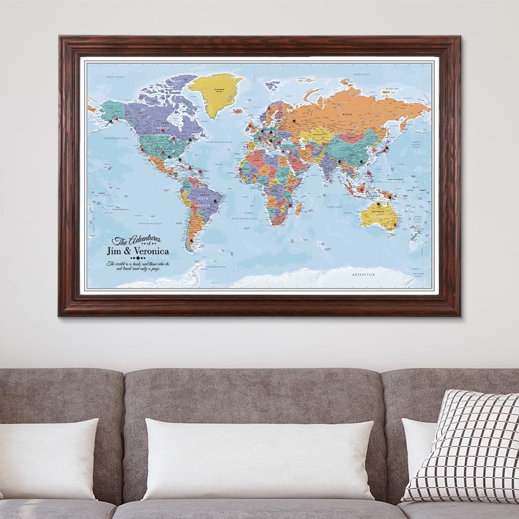 Personalized Canvas Rolled Poster World Map Wall Art with Pins – Large 24" x 36" Blue Oceans Map of the World – Push Pin Travel Decor for Home or Office