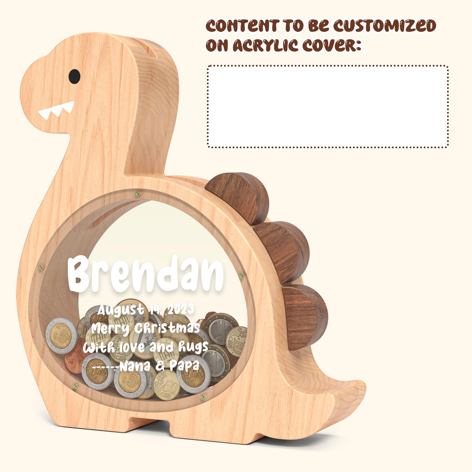 Summidate Wooden Dinosaur Piggy Bank for Kids Boys, Cute Wood Dino Money Bank for Toddlers, Creative Saving Coin Jar, Personalized Present for Child Birthday & Decor (Brachiosaurus, Custom)