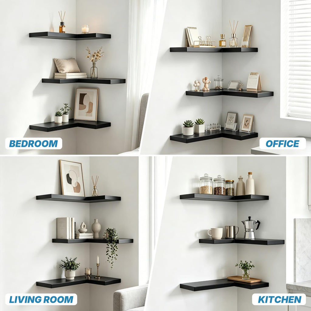 NATURE'S SOURCE Corner Floating Shelves with Invisible Brackets, Corner Shelves Wall Mounted Set of 3, Bedroom Bathroom Kitchen Living Room Office- Gothic Style 16.6" x 6" (Black)