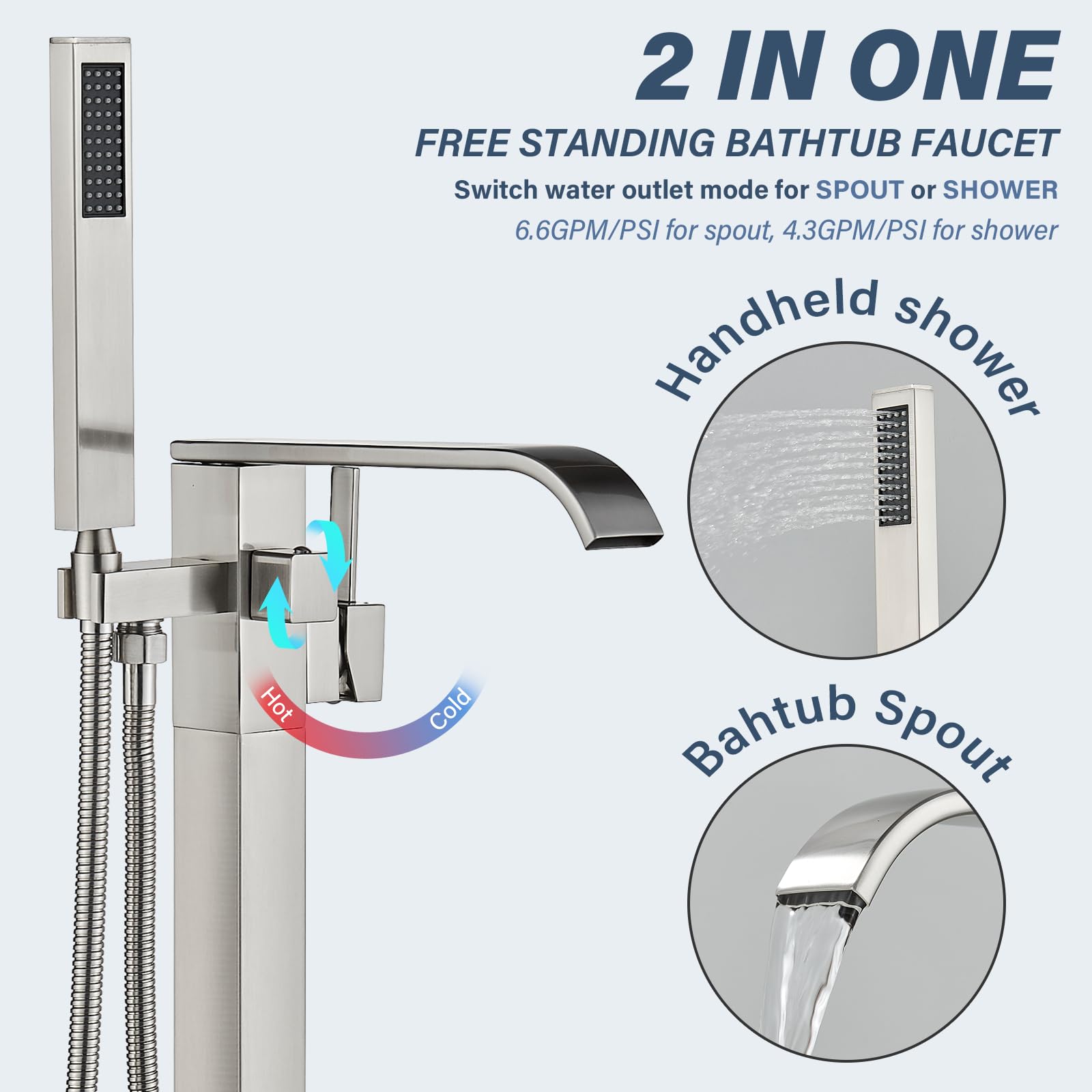 Brushed Gold Freestanding Bathtub Faucet with Hand Shower Tub Filler Faucet Floor Mounted High Flow Single Handle Bath Filler Solid Brass