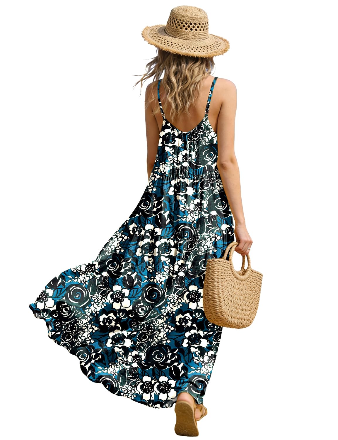 YESNO Summer Bohemian Floral Dresses for Women Spaghetti Straps Maxi Dress Casual Flowy Dresses with Pockets ES0