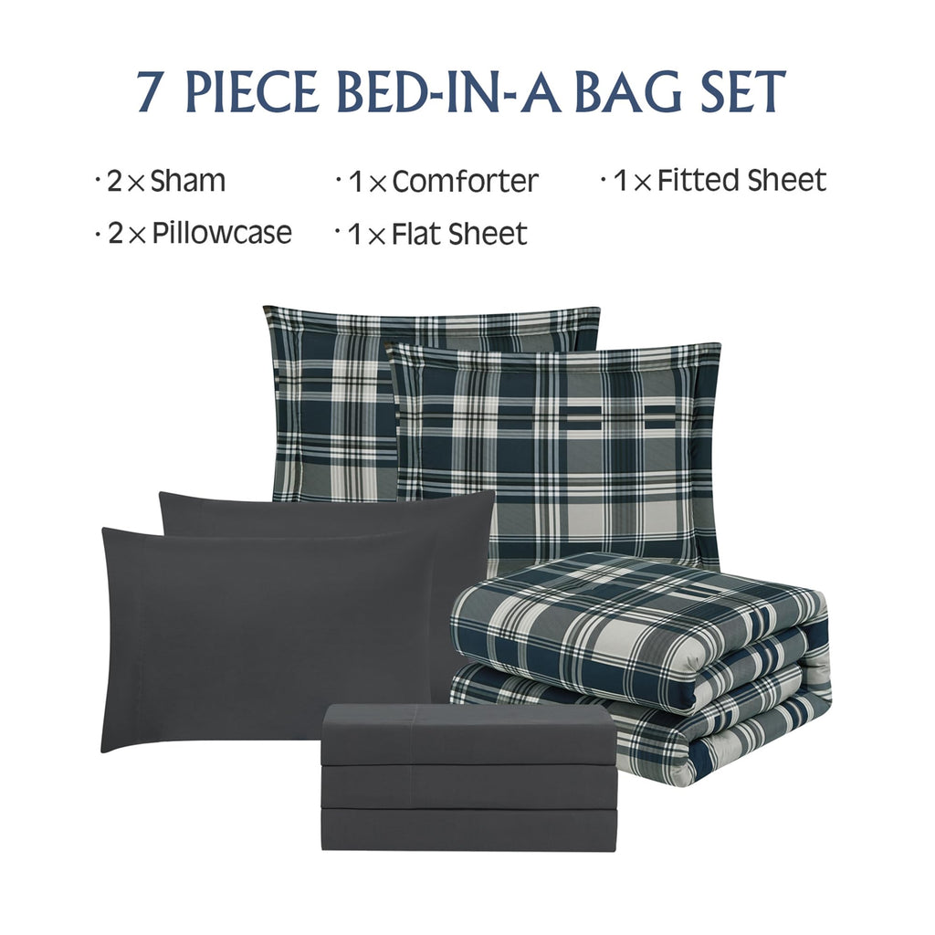 MaiRêve Queen Comforter Set, Classic Plaid Farmhouse Bedding Sets 7 Pieces, Beige All Season Bed in A Bag with Sheets, Pillowcases & Shams