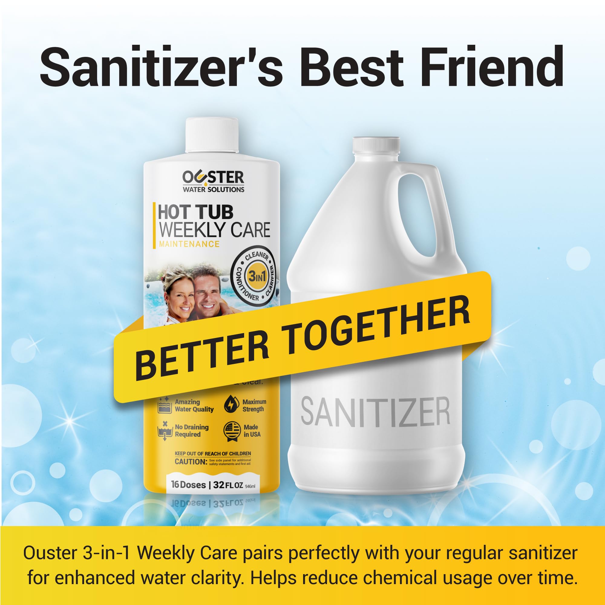 Bio Ouster 3-in-1 Weekly Hot Tub Chemicals & Spa Chemicals - Cleaner Clarifier Conditioner for Inflatable & Acrylic Spas - Chlorine Bromine Saltwater - Pre-Measured, No Draining, Made in USA (4 Week)