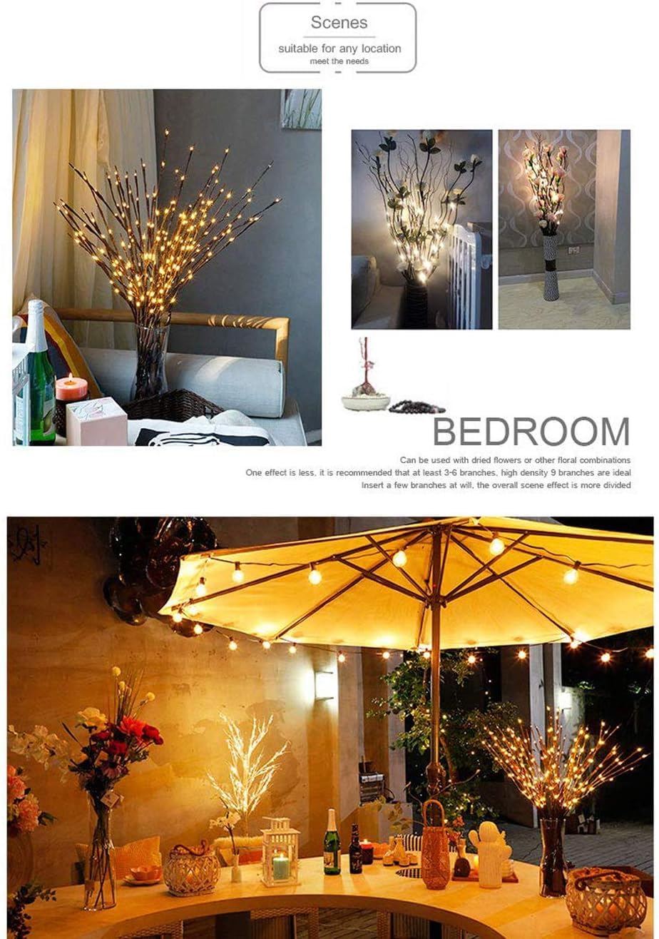 DK177 2 Pack Led Branch Light Battery Operated Lighted Branch Vase Filler Willow Tree Artificial Little Twig Power Brown 30 Inch 20 LED for Home Outdoor Indoor Romantic Decoration, White Light
