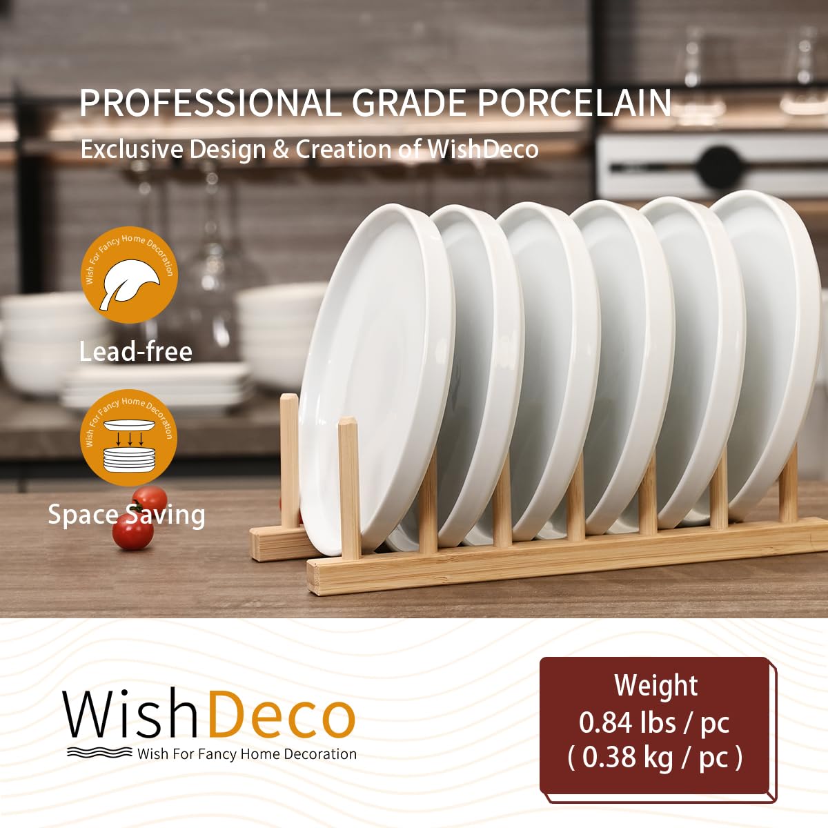WishDeco White Dinner Plates Set of 4, Ceramic Dining Plates 10.5 inch, Large Salad Plate, Porcelain Kitchen Plate for Pizza, Steak, Microwave and Dishwasher Safe