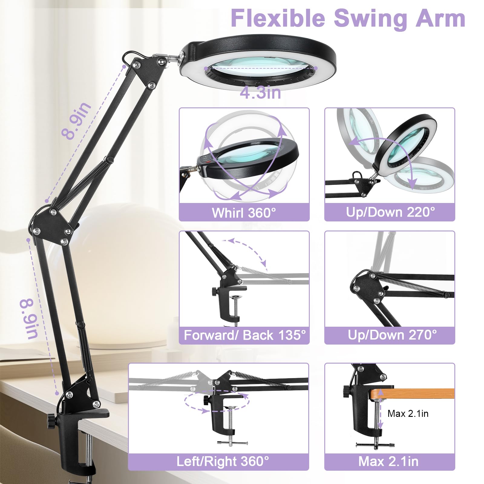 12X Magnifying Glass with Light and Stand, Real Glass, 5 Color Modes, Brightness Stepless Dimmable Lighted Magnifier Hands Free, 2-in-1 Desk Lamp & Clamp Light, Magnifier Lamp for Close Work, Reading