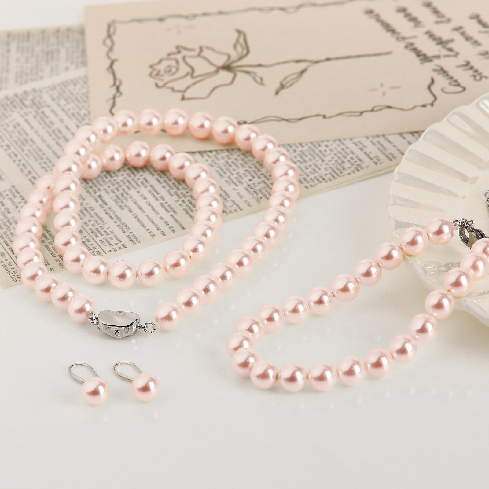 AOOVOO Pearl Necklace Set for Women, 8mm Round Shell Pearl Includes Stunning Bracelet and Dangle Earrings 3 Piece Jewelry, Birthday Christmas Gift for Mom Wife Sister Best Friend, Gift Box
