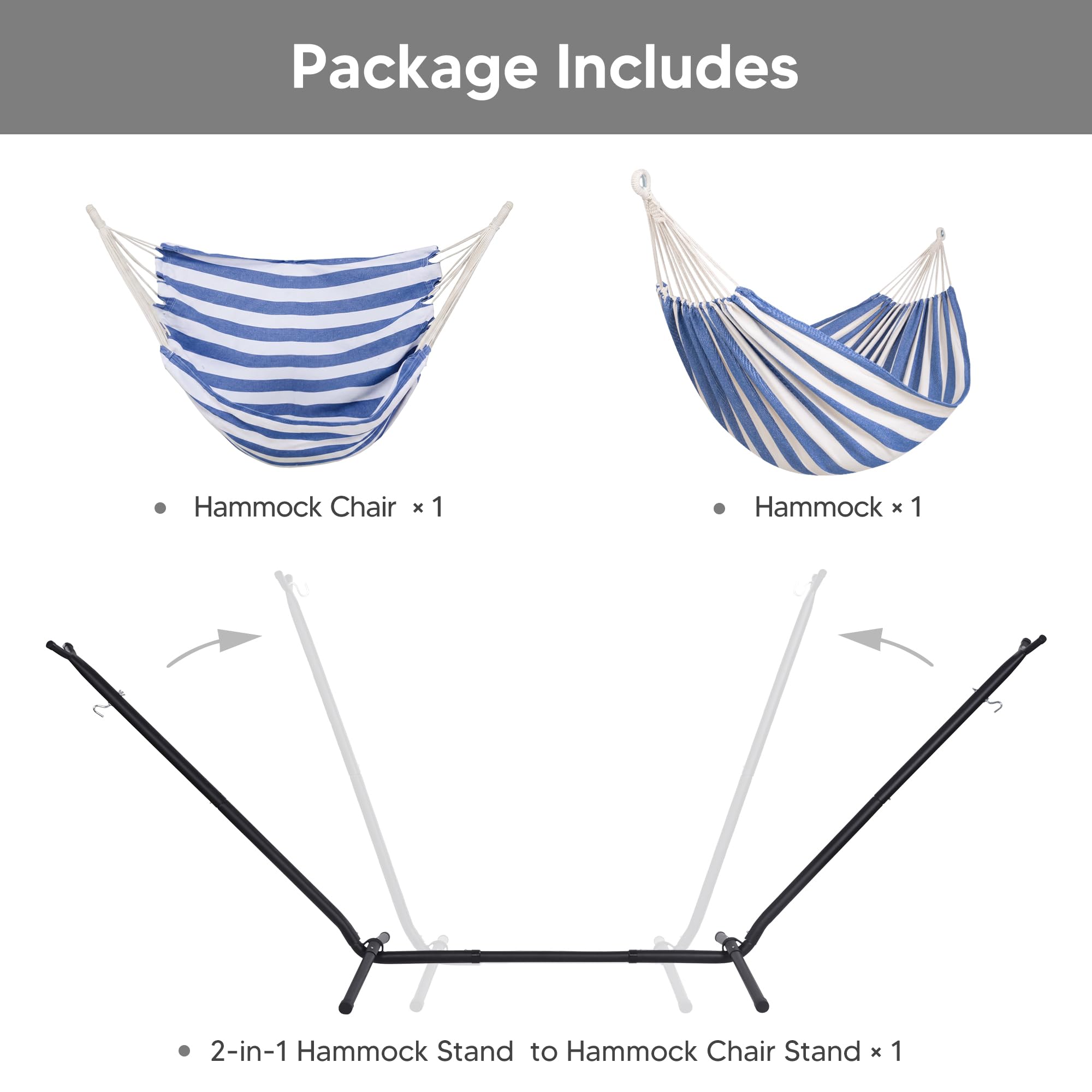 SUNCREAT 2-in-1 Convertible Free Standing Hammock with Stand Included, Camping Backyard Hammock with Stand, Patented, Blue & White Stripe