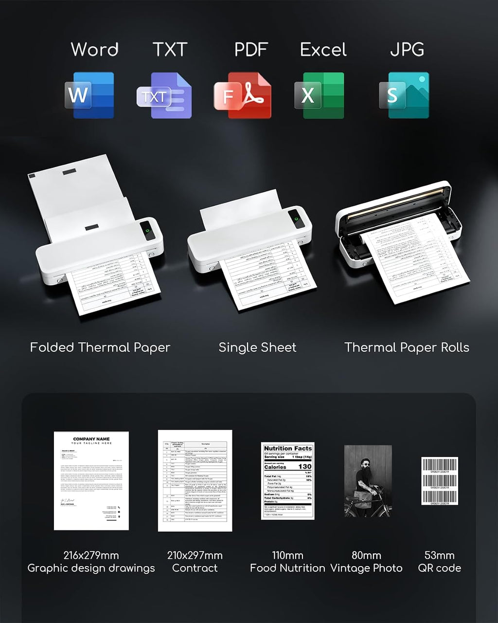 TATTMUSE Portable Thermal Printer, Bluetooth Printers Wireless for Travel Home Use, Mini Compact Printer