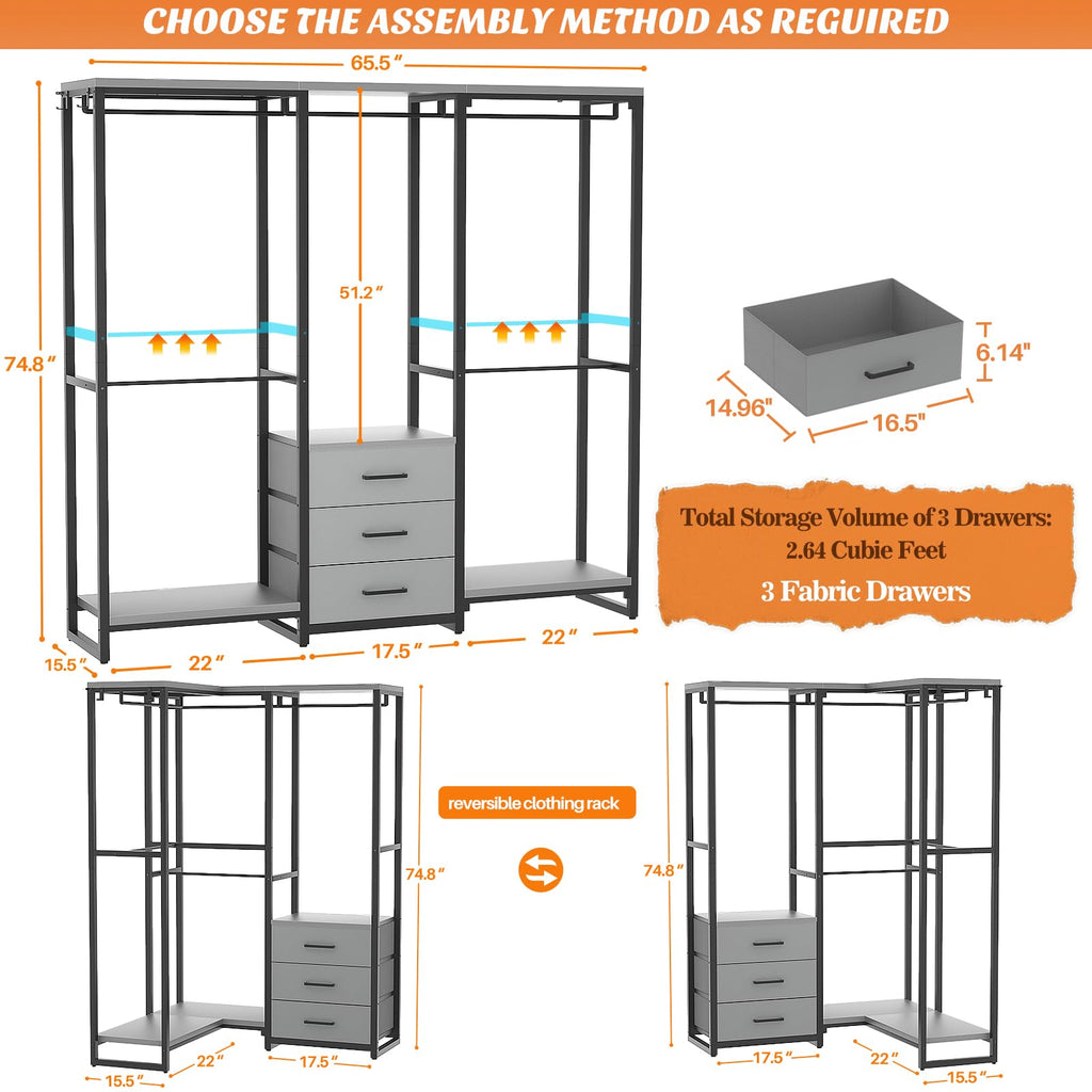 Aheaplus Garment Rack Heavy Duty Clothes Rack for Hanging Clothes,Clothing Rack with Drawers, Wood Stoarge Shelf Freestanding Closet Wardrobe Rack, Corner L Shaped Closet System Organizers, Grey