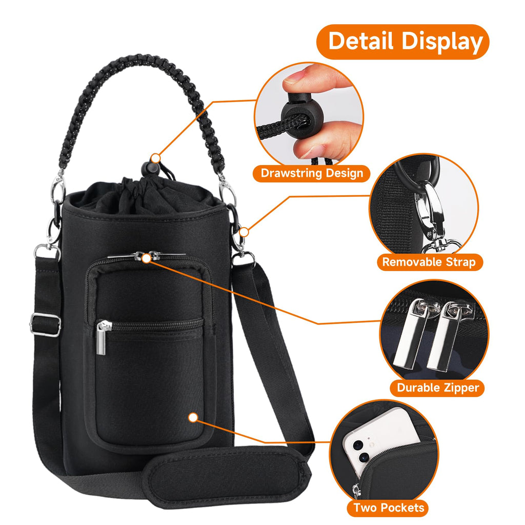 AceTreker 32/40/64/128 oz Neoprene Insulated Water Bottle Carrier Bag, Sling Bag Sleeve Pouch Holder with Strap & Paracord Handle and 2 Pocket for Travelling, Hiking, Camping