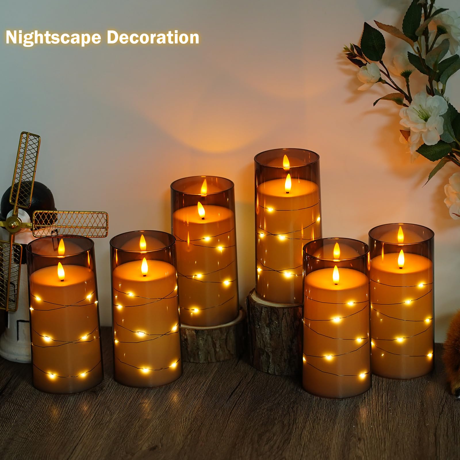 Flickering Flameless Candles with Remote Timer, 6pcs LED Battery Operated Candles with Embedded String Lights Red, Same Size D3 H6