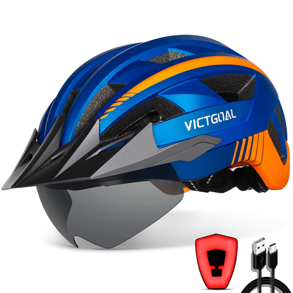 VICTGOAL Bike Helmet with USB Rechargeable Rear Light Detachable Magnetic Goggles Removable Sun Visor Mountain & Road Bicycle Helmets for Men Women Adult Cycling Helmets
