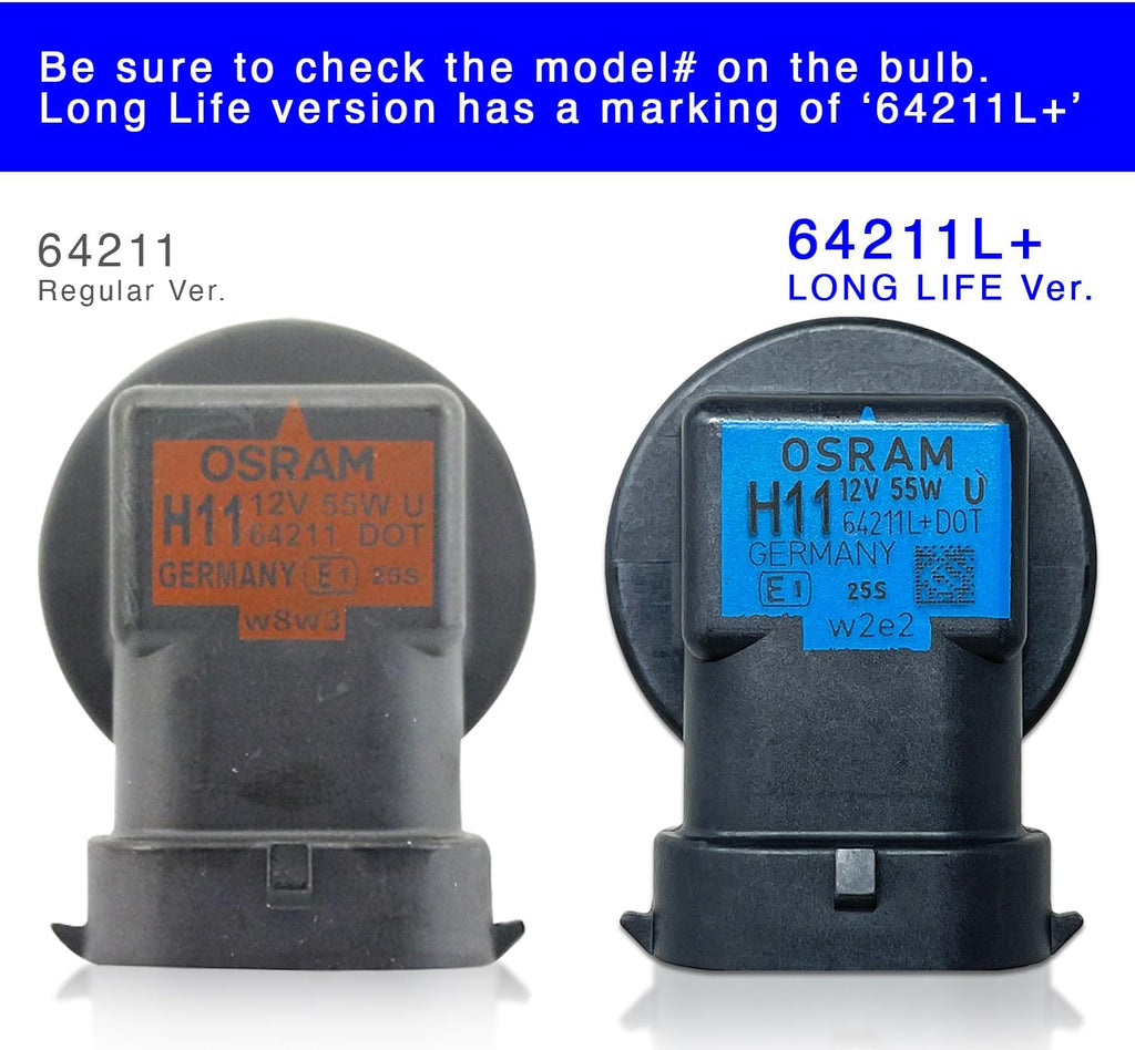 OSRAM H11 OEM Original Standard Halogen Headlight Bulbs 12V 55W 64211L+ (Long Life) Made in Germany | Pack of 2