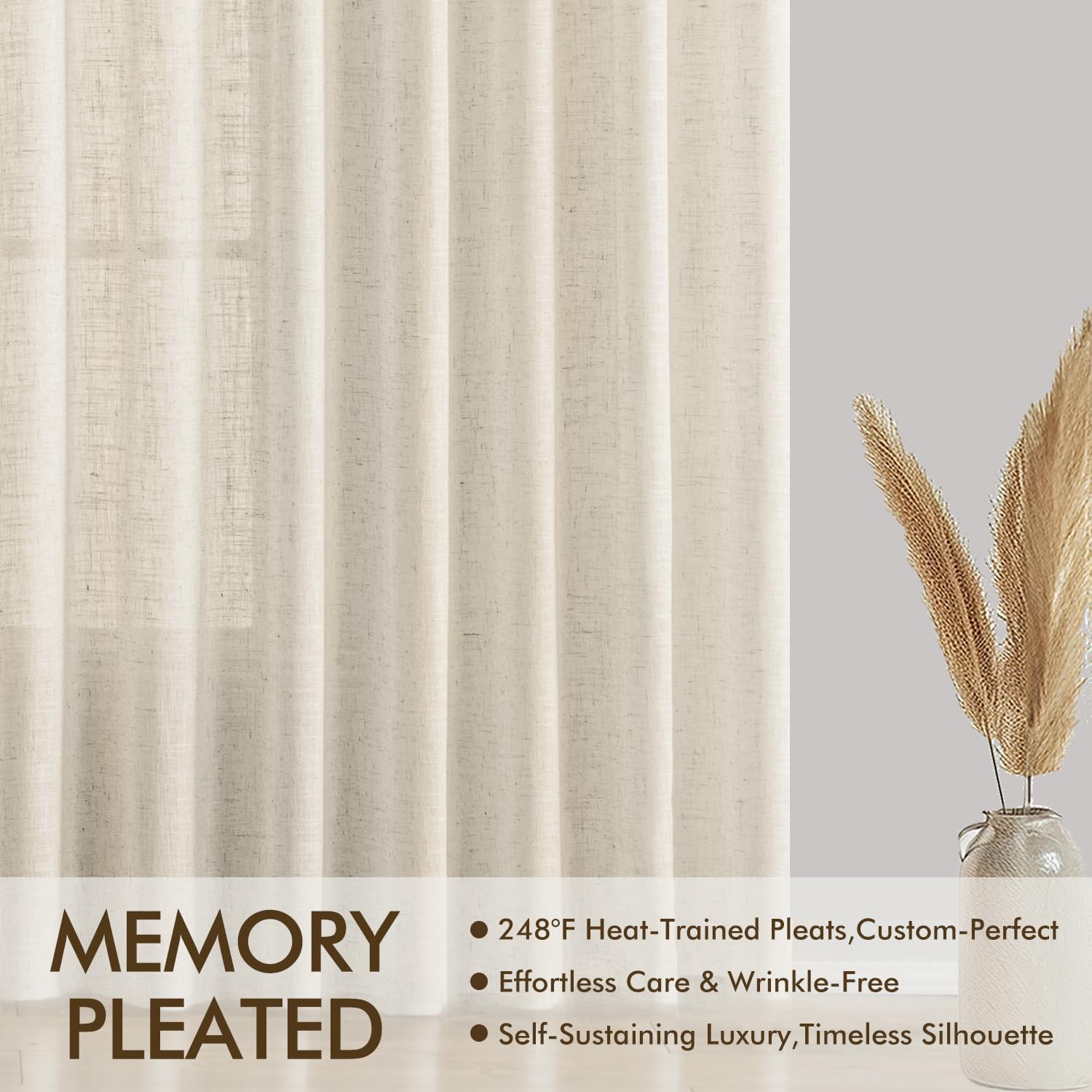 MIULEE Pinch Pleated Linen Curtains 84 Inches Long 2 Panels for Bedroom Living Room, Soft Thick Linen Textured Window Drapes Back Tab Hooks Semi Sheer Light Filtering Farmhouse，Beige
