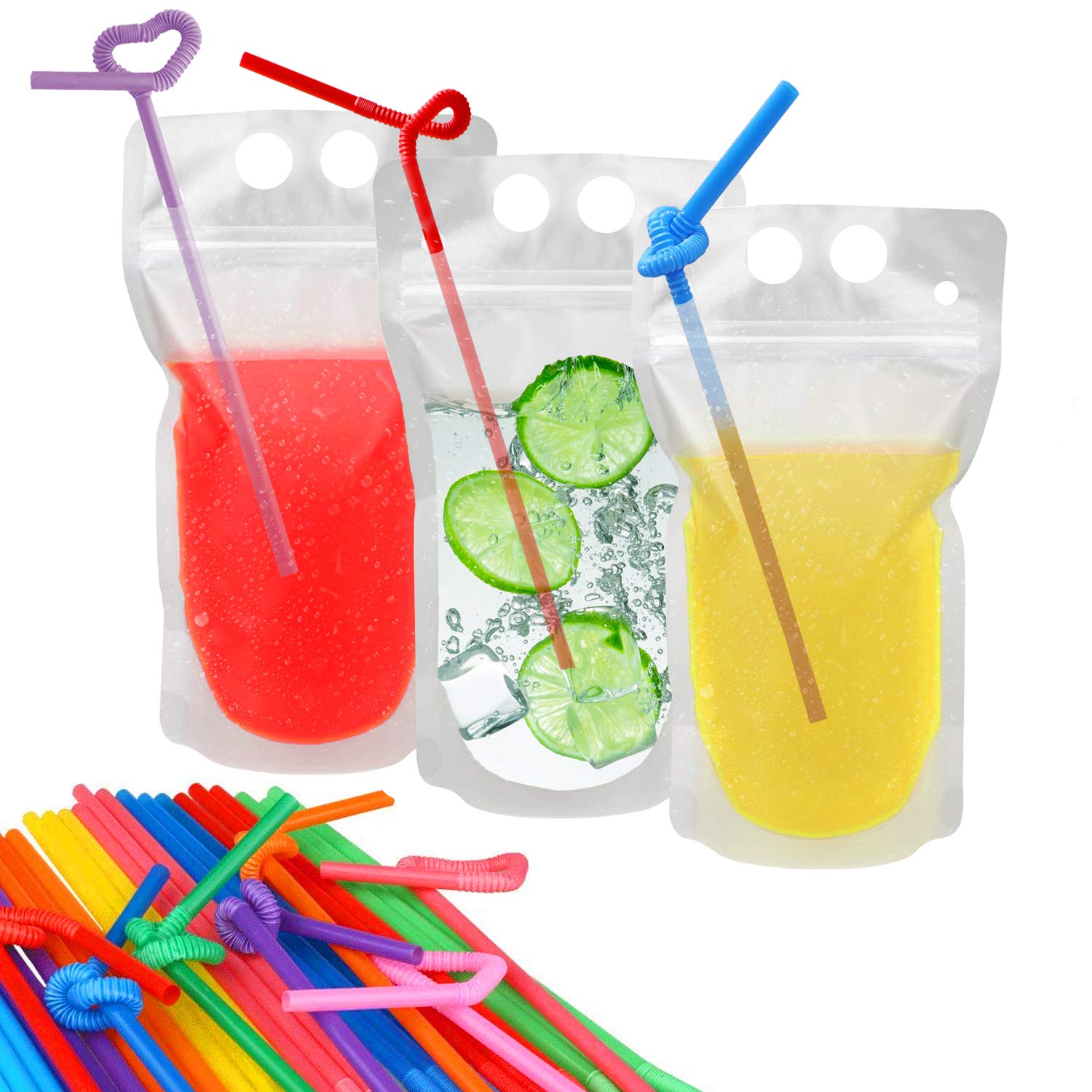 100 Pcs Drink Pouches with 100 Straw Holes, Freezable Juice Pouches, Translucent Reclosable Zipper Plastic Pouche Drink Bags for Cold & Hot Drinks for Adults and Kids World Cup Party