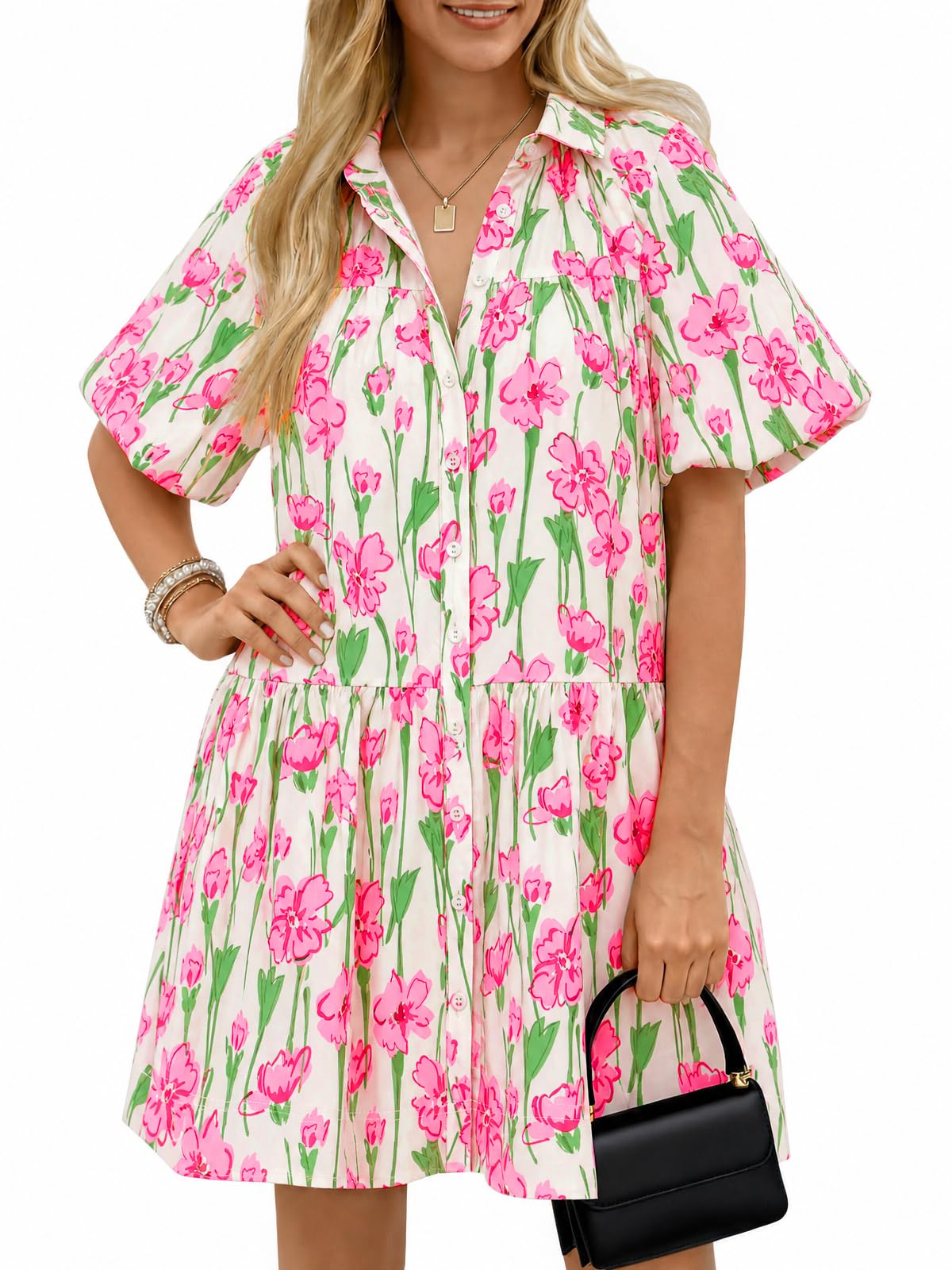 Wenrine Women's Summer Button Down Shirt Dress Floral Puff Short Sleeve Casual Loose Fit Beach Mini Dresses