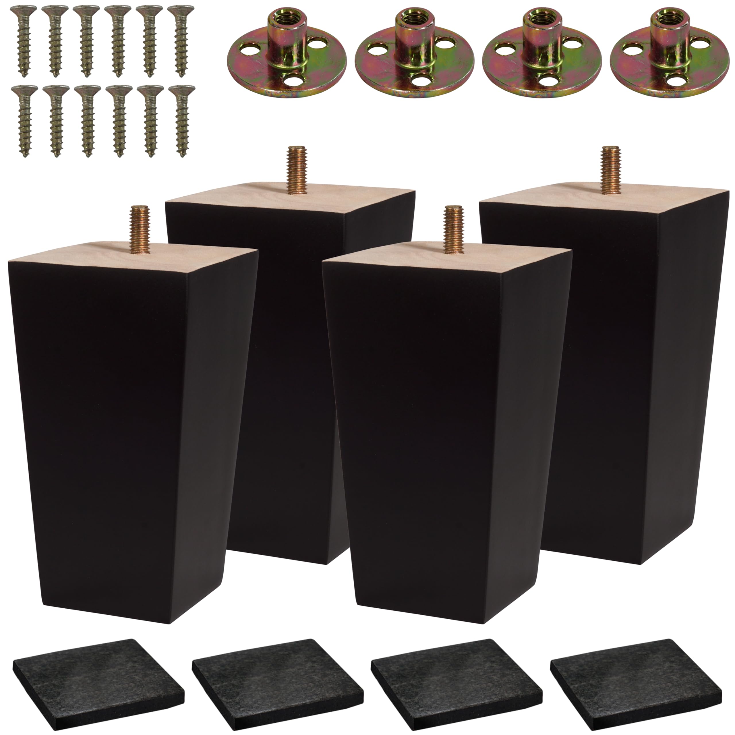 BARIEN (5 Sizes: 3"- 4"- 5"- 6"- 8") Set of 4 Wood Furniture Legs - Square Sofa Legs, Couch Leg - Brown Mid-Century Modern Replacement Legs for Armchair Recliner Coffee Table Dresser (3")