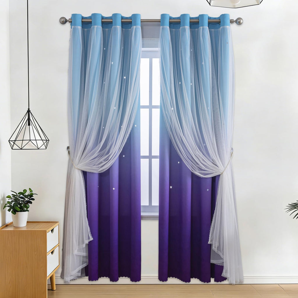 Anytime Star Cut-Out Blackout Curtains for Bedroom 2 Panels,2-Layers Mix Design of Fabric & Tulle,Pretty Pure Color Window Curtain for Kids Room(W35 x L45,LPink)