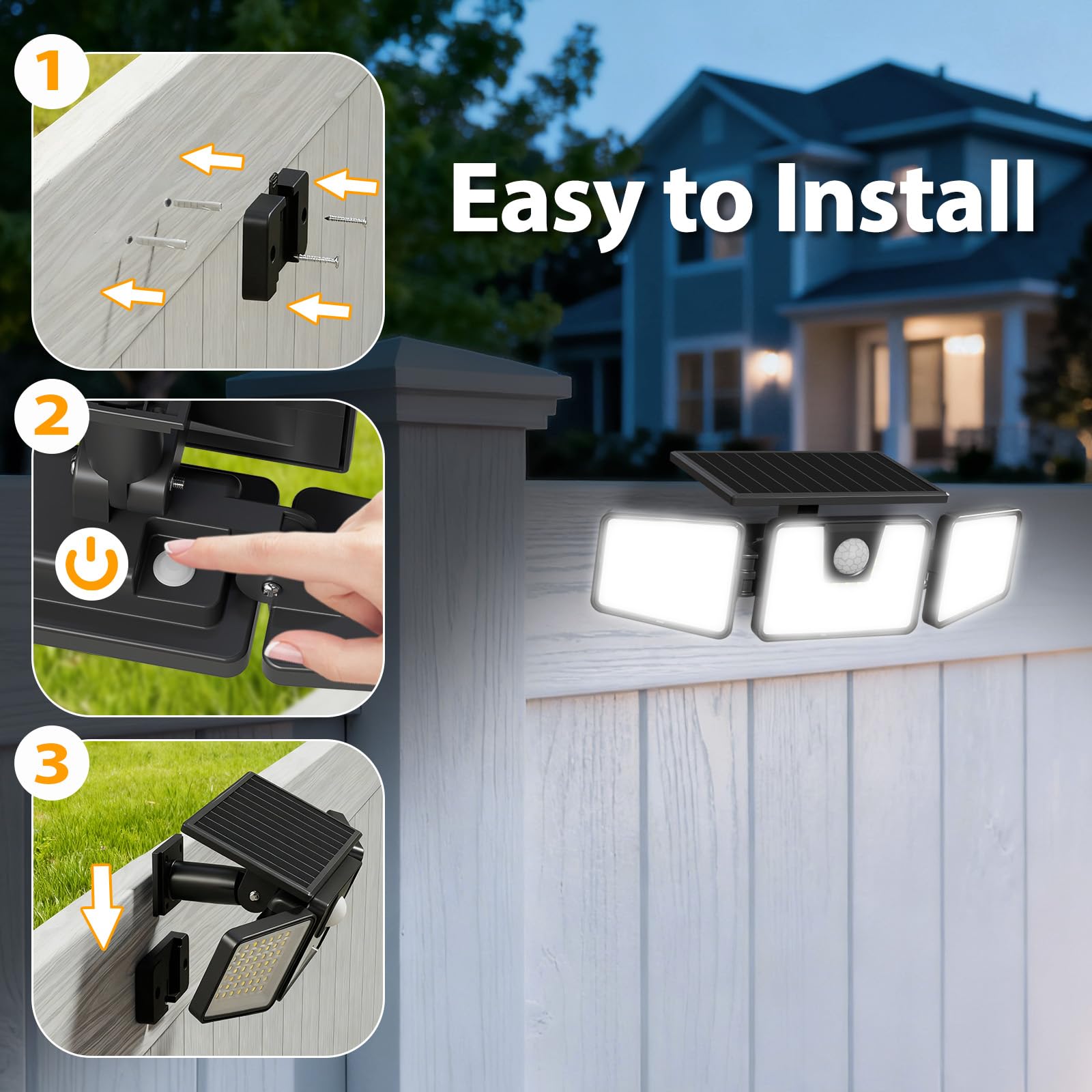 INCX 156 LED Solar Motion Lights Outdoor 2 Pack, 3 Heads Solar Security Lights with Motion Sensor IP65 Waterproof, Flood Lights for Wall, Patio, Garden, Porch, Garage White