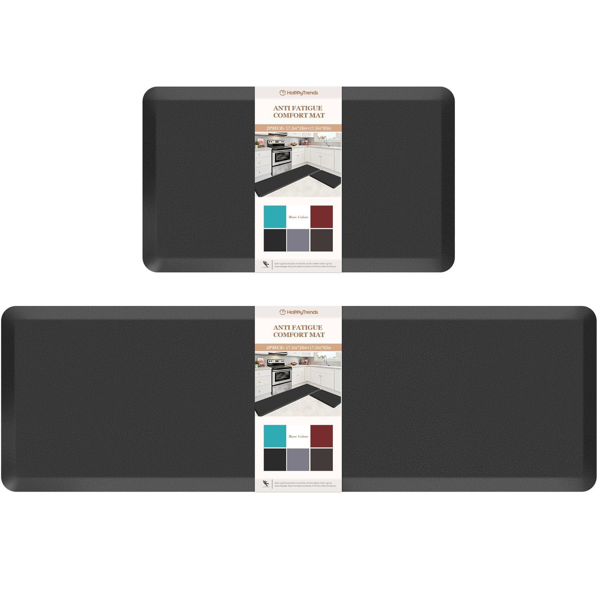HappyTrends 2 PCS Kitchen Mat Cushioned Anti-Fatigue Floor Mat, Heavy Duty Ergonomic Comfort Foam Standing Mat, Waterproof Non-Slip Kitchen Rugs for Home, Office, Laundry,Black