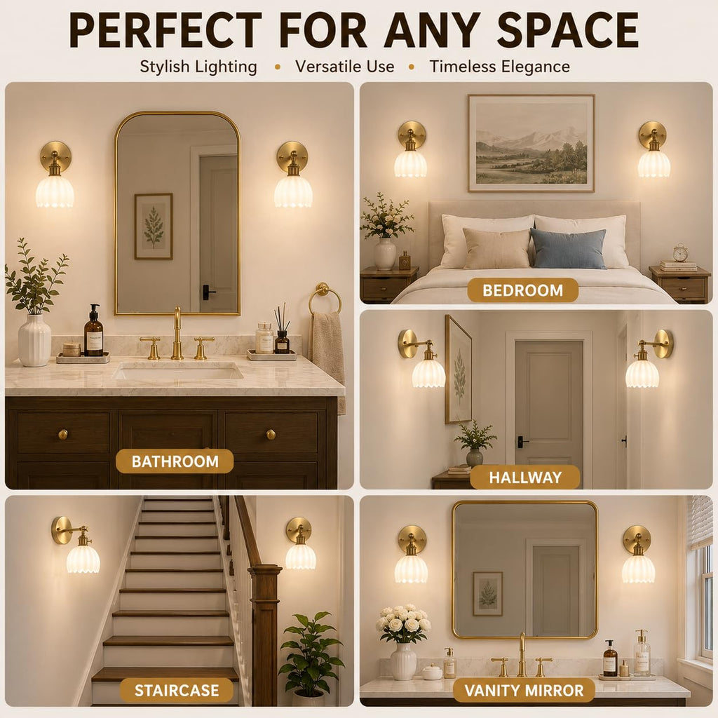 1-Light Gold Brass Bathroom Light Fixture,Wall Sconces set of 2,Brushed Gold Vanlity Light Over Mirror,Bathroom Vanity Light with White Tulip Glass Flower Shade,E26 Socket(Bulbs Not Included)