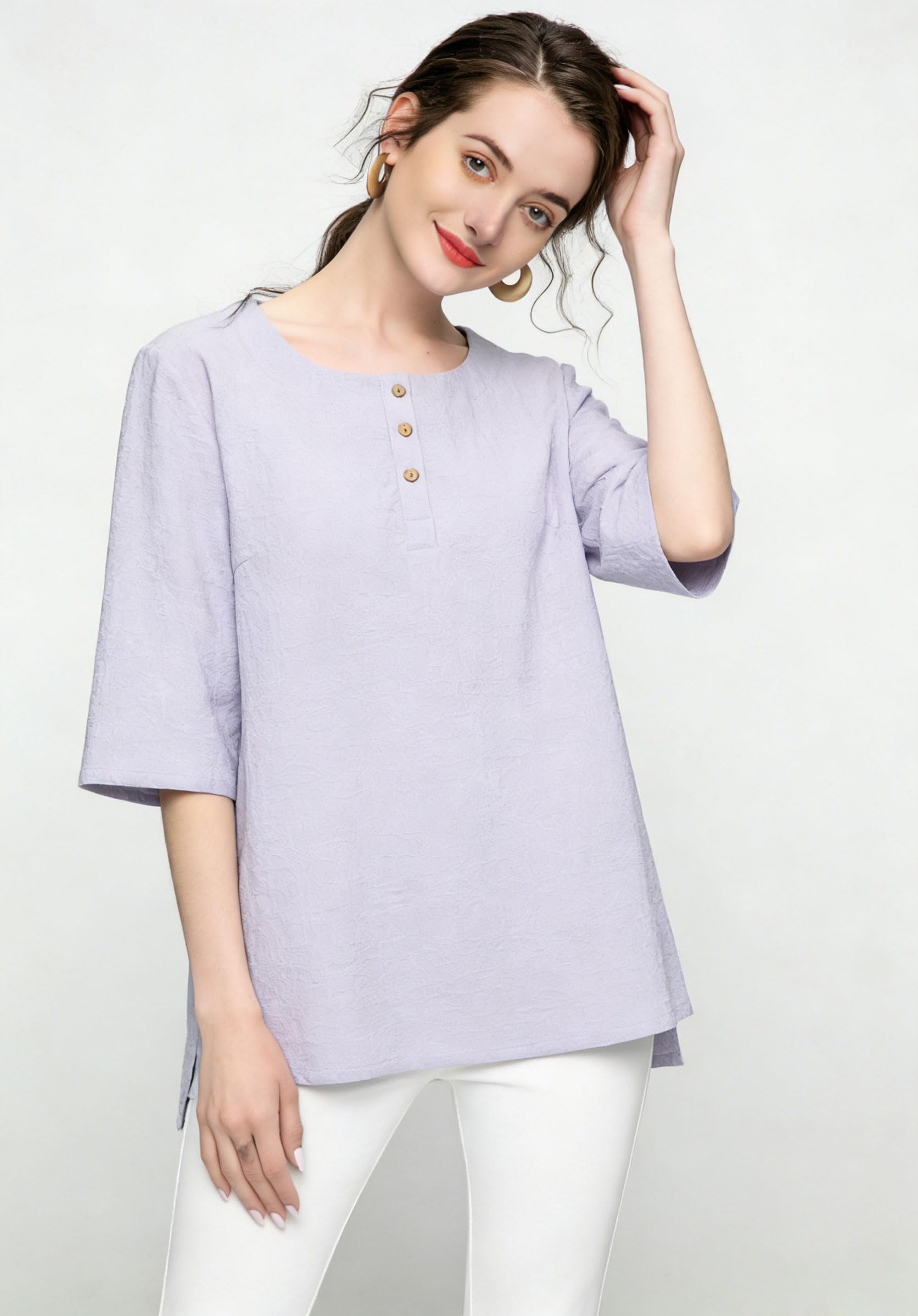 Minibee Women's 3/4 Sleeve Cotton Linen Jacquard Blouses Top T-Shirt