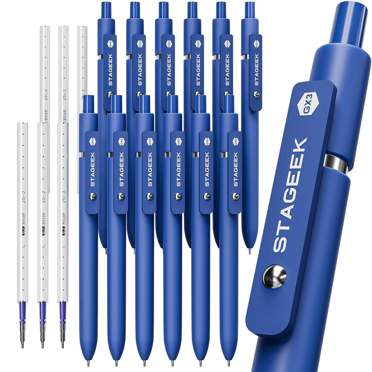 STAGEEK Blue Gel Pens GX3, 12Pcs Quick Dry Blue Ink Pens with 3 Extra Refills, Fine Point Retractable Smooth Writing Pens for Journaling, Office, Note Taking, School Supplies, Nurse Aesthetic(Blue)