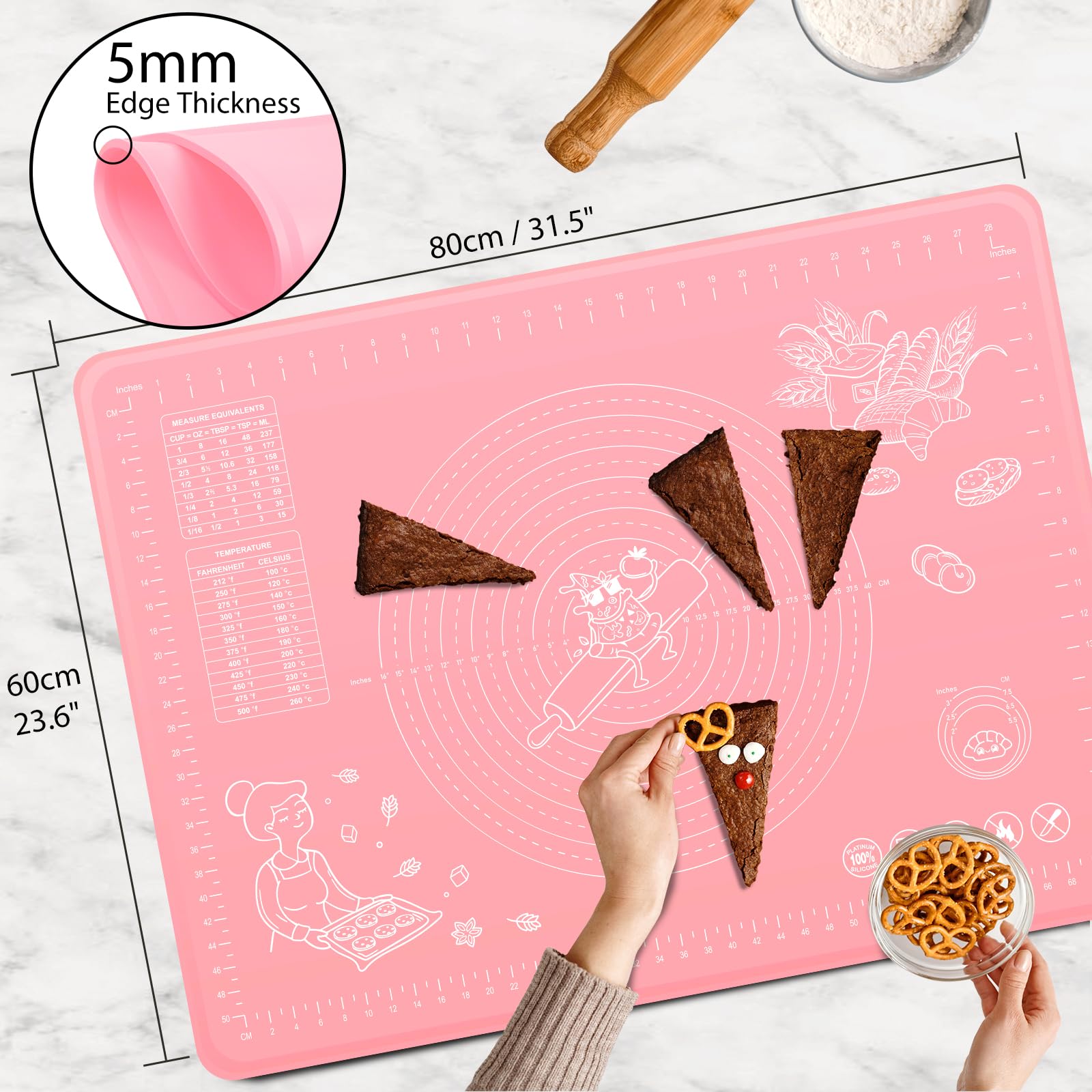 Silicone Baking Mat 24" x 16" Extra Thick Non-stick Pastry Mat with Measurements and Edge Heightening, Food Grade Silicone for Countertop Dough Rolling Making Bread, Cookies, Pizza, Fondant, Pasta