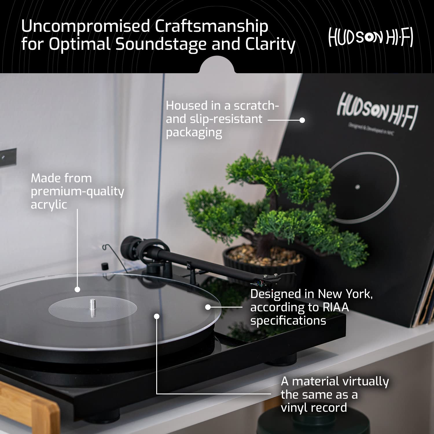 Hudson Hi-Fi Acrylic Turntable Mat – 11.75” Anti-Static Turntable Slipmat with Label Recess – 1/8” Thick Acrylic Platter Mat for Vinyl LP Record Players – Black