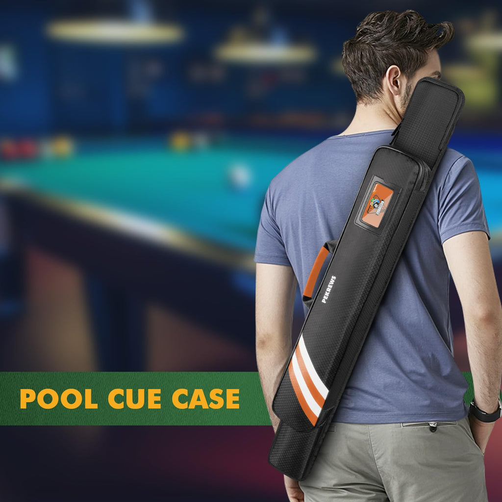 PEKREWS Pool Cue Case, Soft Pool Stick Case 1x1 Holds 1 Butt and 1 Shaft with Queue Zipper Pocket, Sturdy Polyester Billiard Cue Bag with Shoulder Strap Handle, Billiard Stick Bag for Men and Women