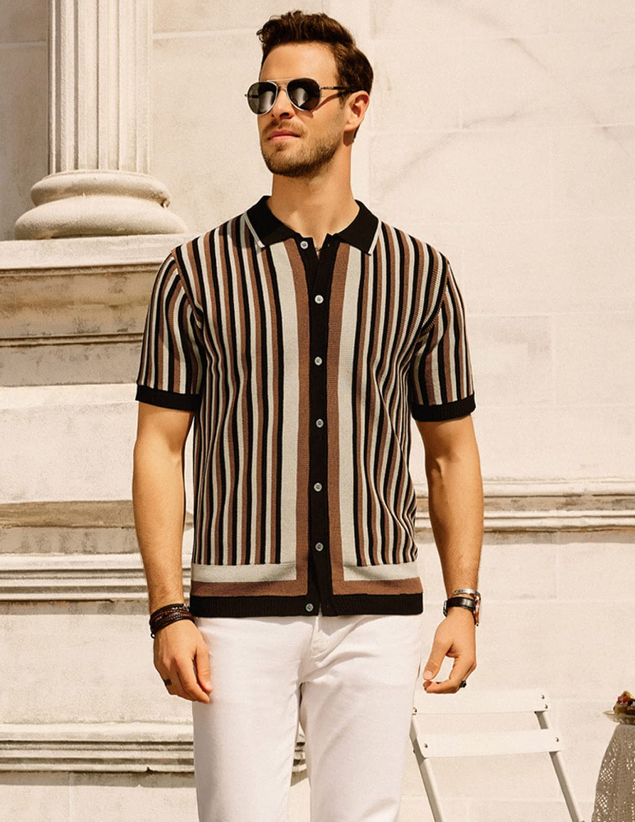 PJ PAUL JONES Men's Polo Shirts Retro Knit Shirt Vintage Striped Shirt