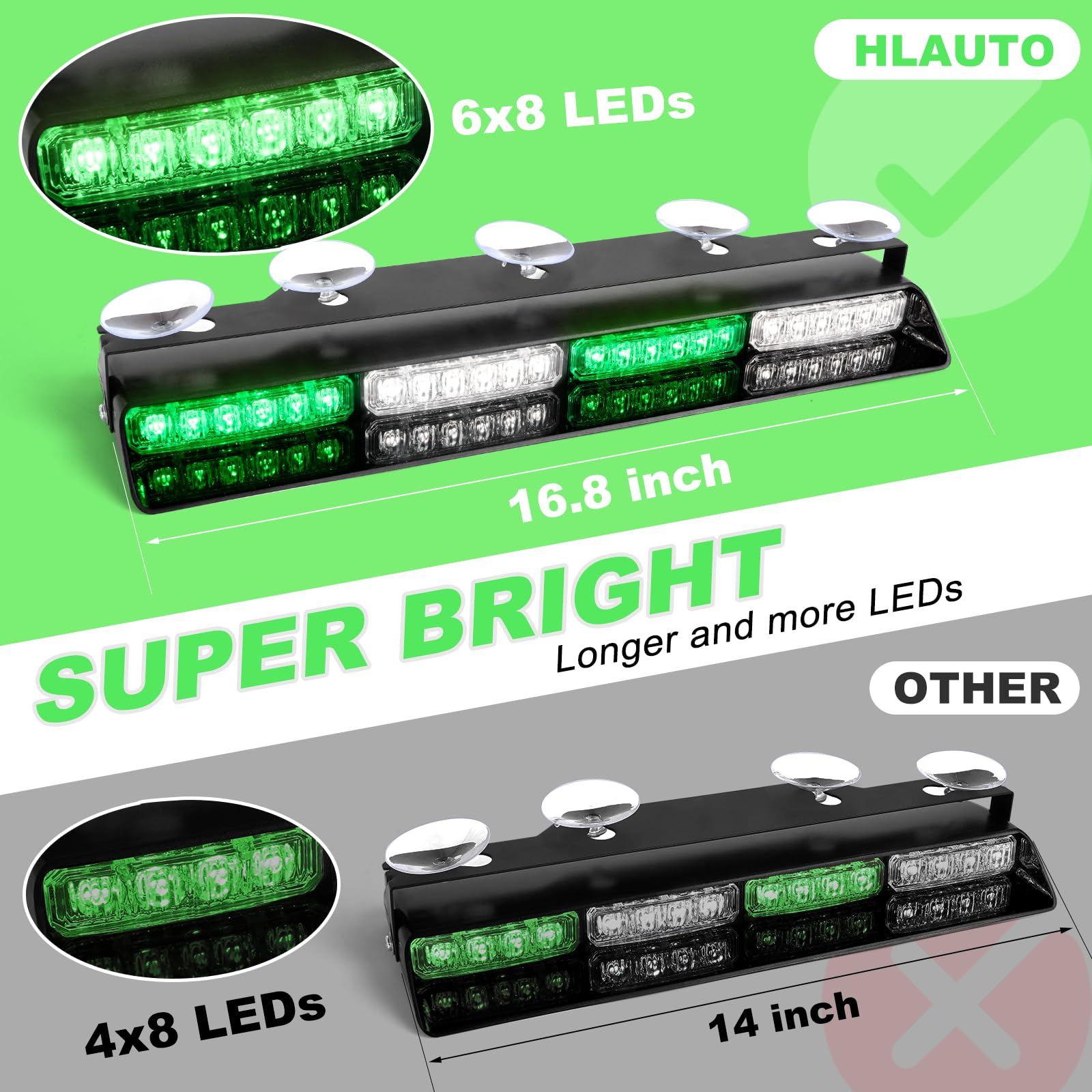 HLauto 604N Emergency Dash Strobe Lights: 2x16.8 inch Amber White Security Light w/Take Down, 48 LED Safety Flashing Warning Hazard Interior Windshield Light Bar for Truck Vehicle