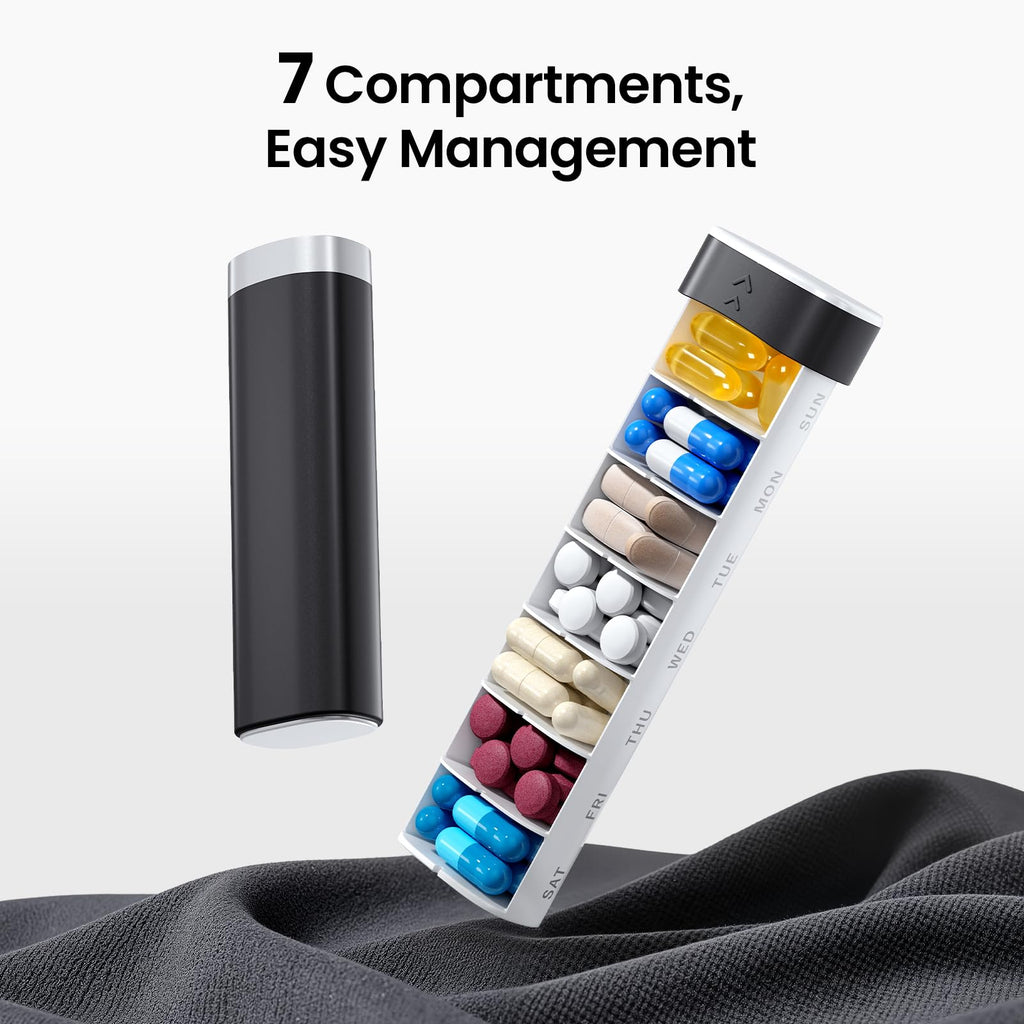 Betife Travel Pill Organizer Weekly 7 Day, Compact Daily Pill Box, Portable Medicine Case, Cute Pill Holder for Vitamins Supplements, Drawer-Shaped Pills Organizer (Black)