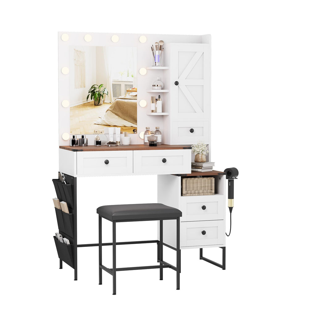 YIKEHOME Makeup Vanity Desk with Mirror and 10 Lights, 3-Colour Hollywood Brighter Bulbs, Vanity Table Set with Large Drawers and and Charging Station for Bedroom Dressing Room White