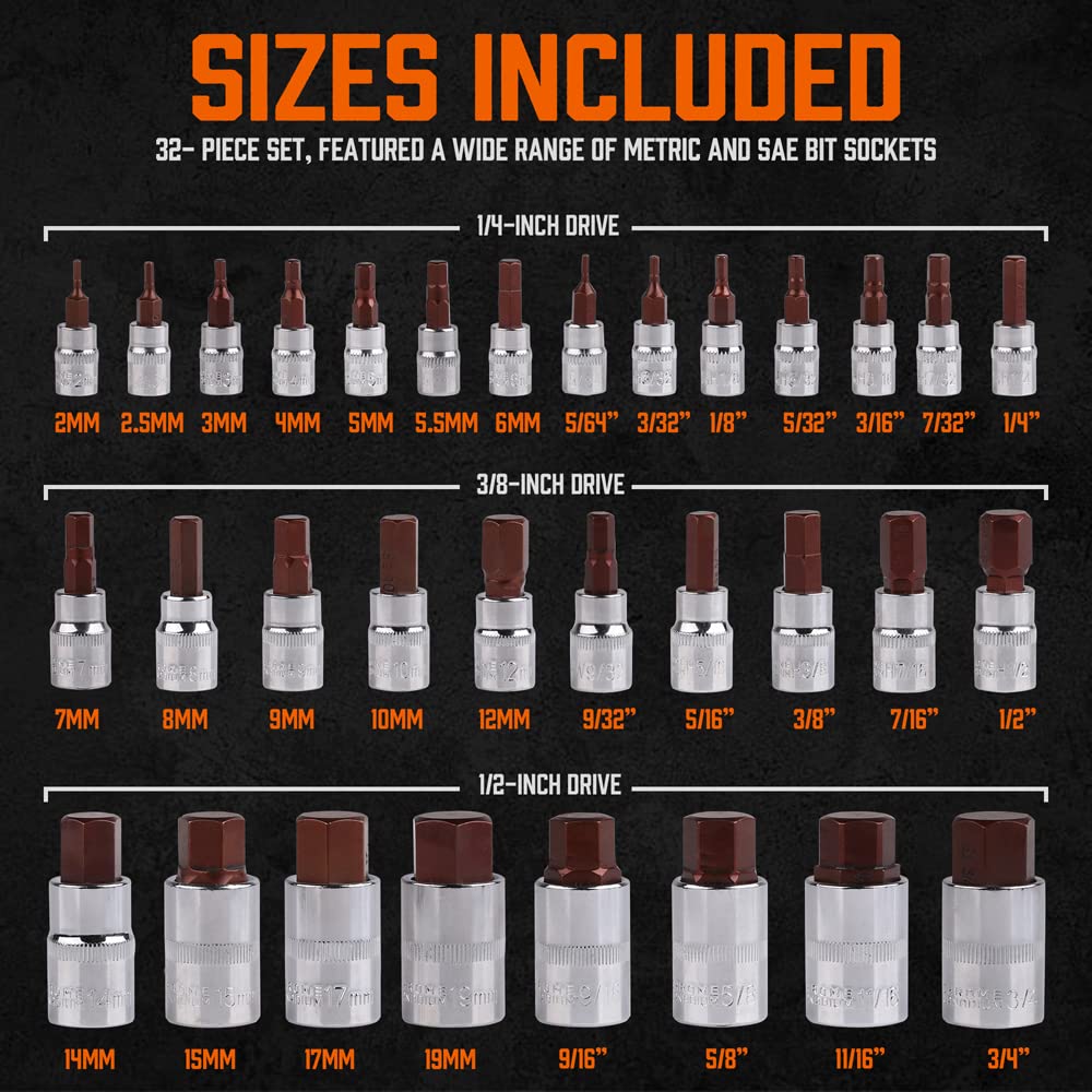 HORUSDY 1/2" Drive Shallow Impact Socket Set, 24-Piece SAE (7/16"-1") and Metric (13-24mm), 6 Point, Cr-V, Includes 1/2-Inch Drive Ratchet Handle, Drive Extension Bar