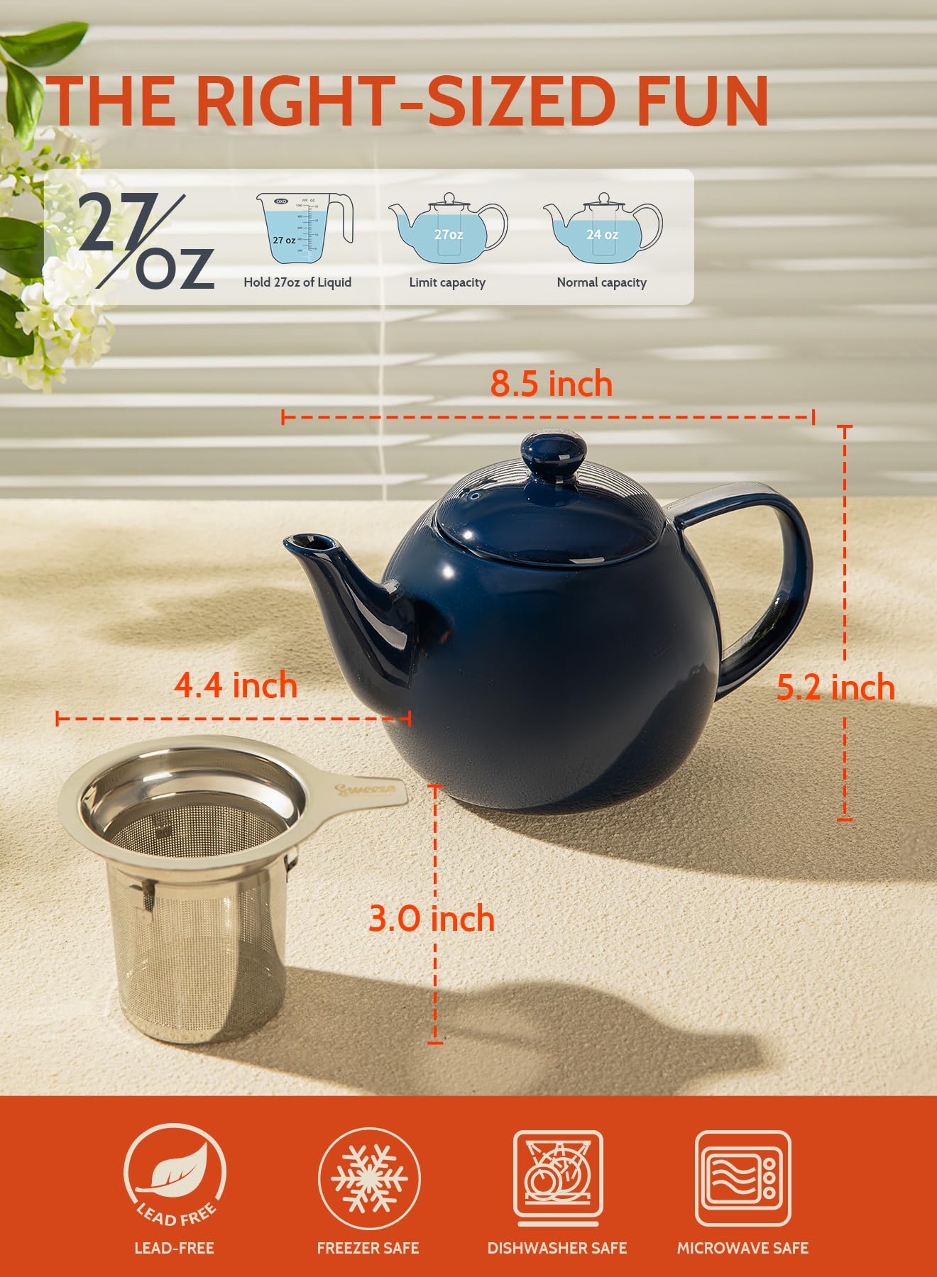 Sweese Porcelain Teapot 27 oz with Infuser for Loose Leaf Tea, Bluish Grey