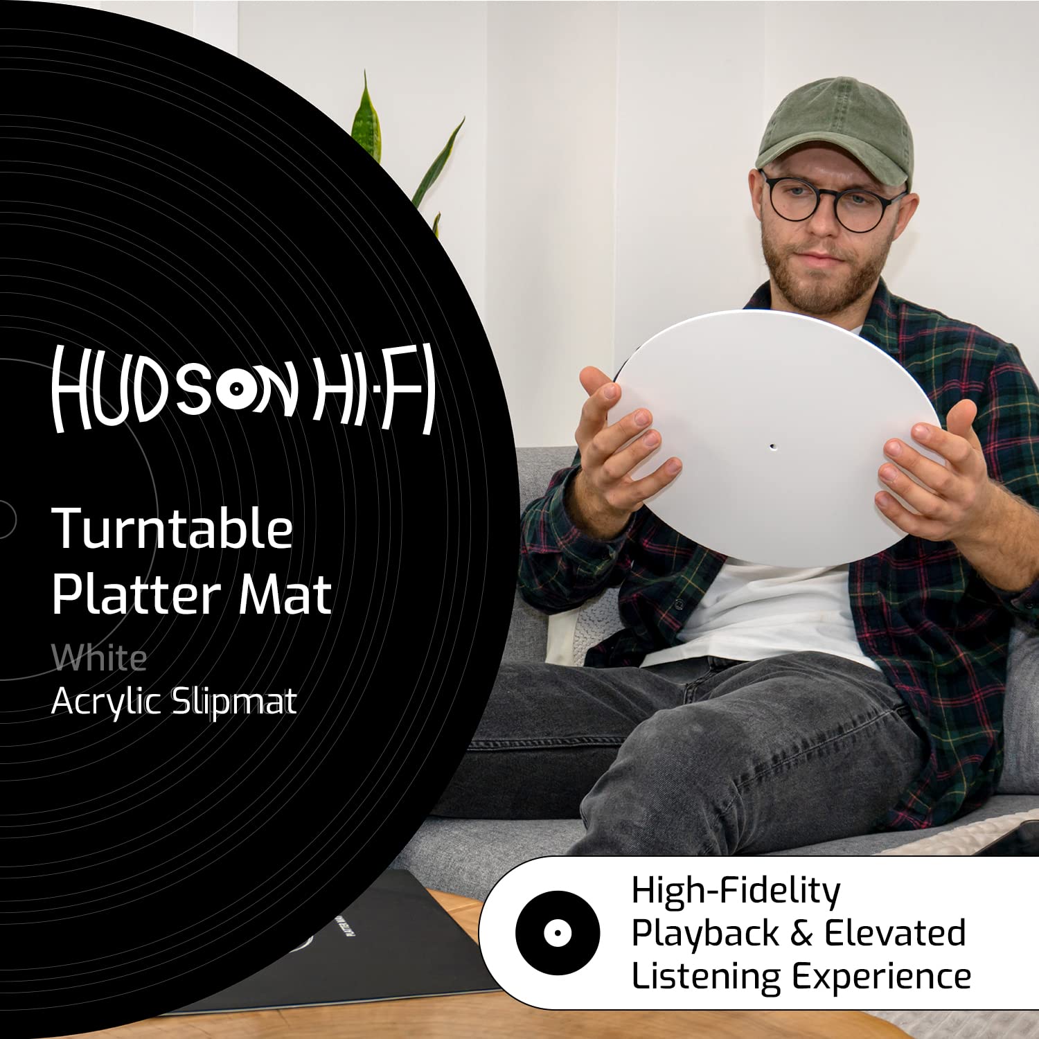 Hudson Hi-Fi Acrylic Turntable Mat – 11.75” Anti-Static Turntable Slipmat with Label Recess – 1/8” Thick Acrylic Platter Mat for Vinyl LP Record Players – Black