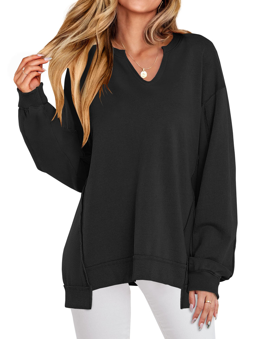 ANRABESS Women's Long Sleeve V-Neck Oversized Sweatshirts | Soft Lightweight Loose Fit Pullover Tops, Casual School Workout Office Tunic Shirts, Teen Girls Outfit, Fall Winter Clothes