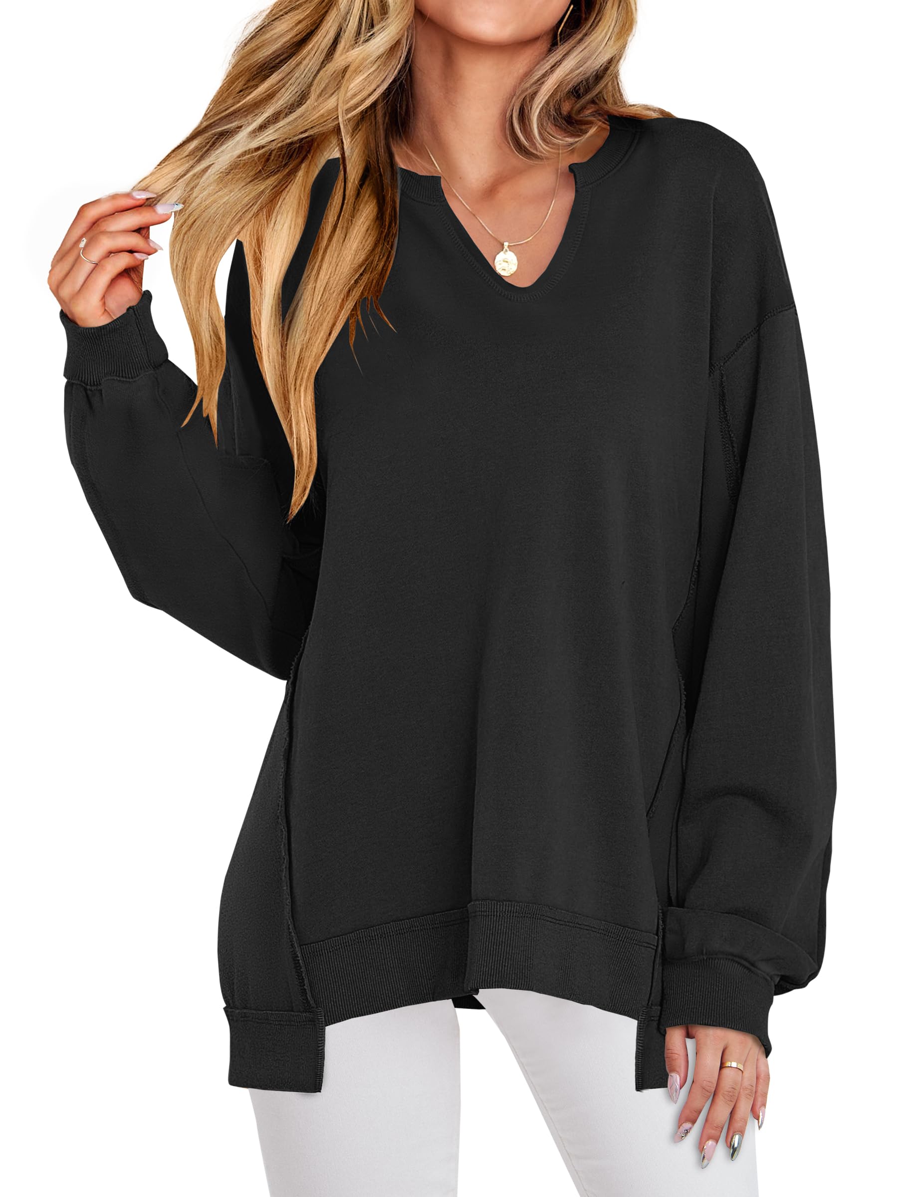 ANRABESS Women's Long Sleeve V-Neck Oversized Sweatshirts | Soft Lightweight Loose Fit Pullover Tops, Casual School Workout Office Tunic Shirts, Teen Girls Outfit, Fall Winter Clothes