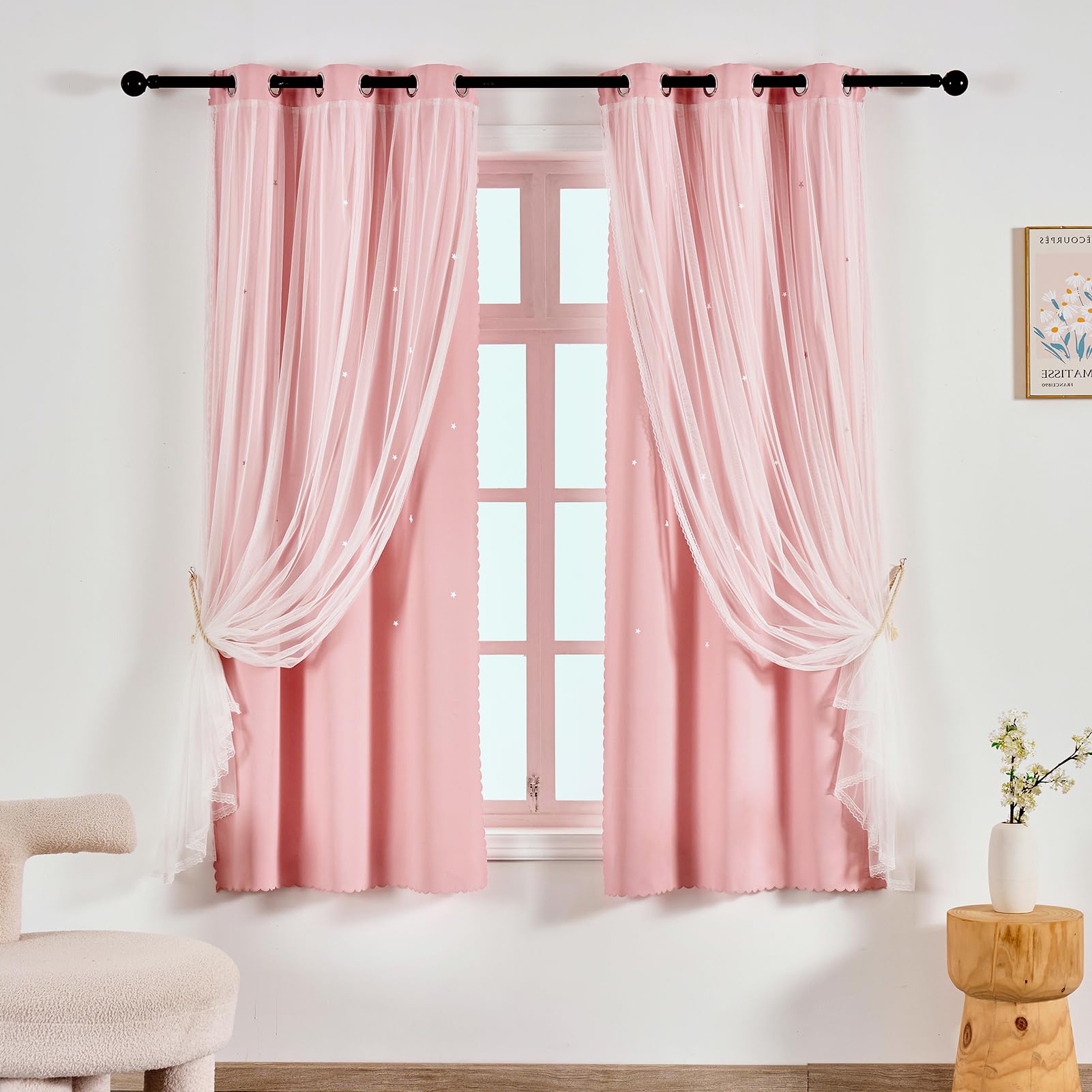 Anytime Star Cut-Out Blackout Curtains for Bedroom 2 Panels,2-Layers Mix Design of Fabric & Tulle,Pretty Pure Color Window Curtain for Kids Room(W35 x L45,LPink)