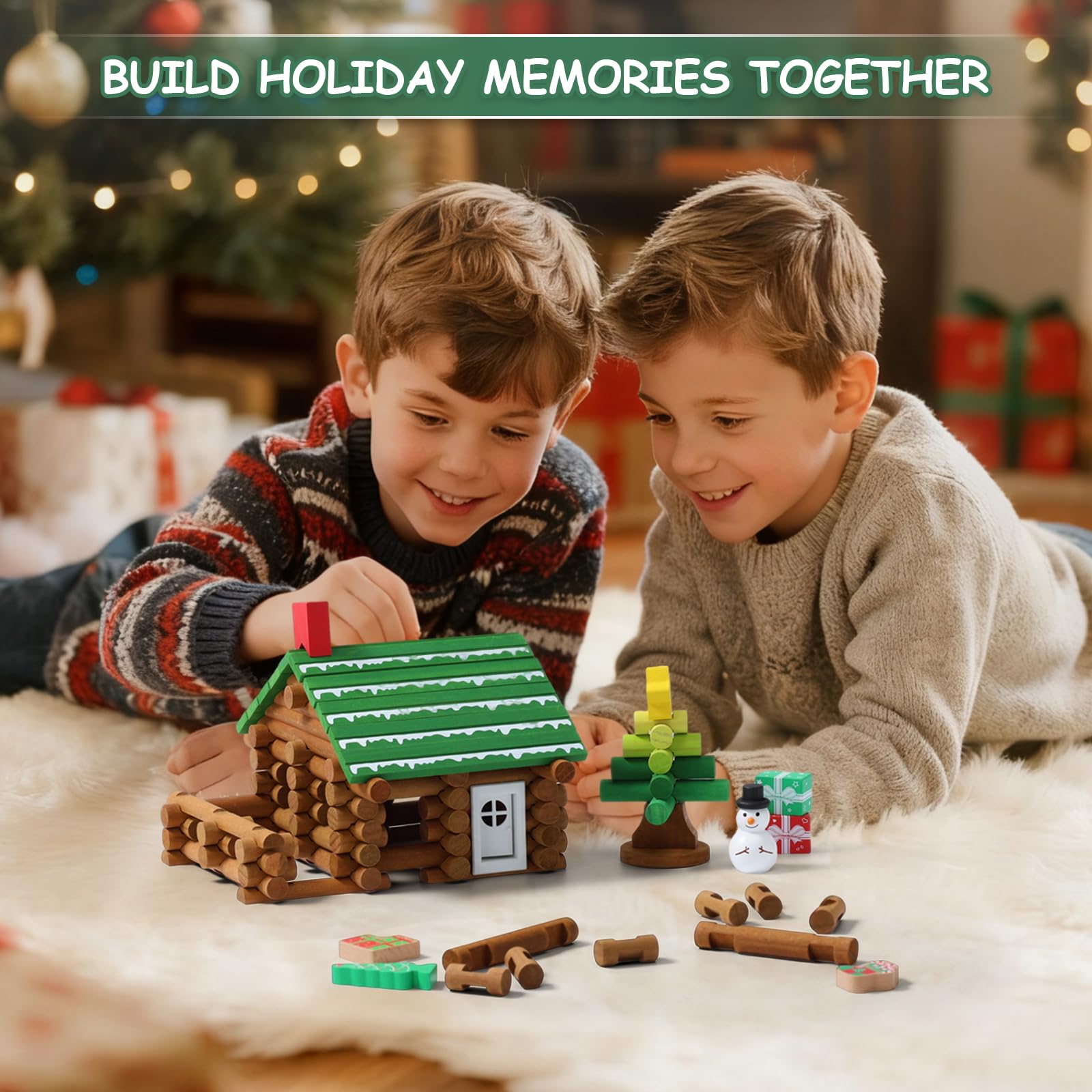 SainSmart Jr. 110 PCS Wooden Log Cabin Set Building House Toy for Toddlers, Classic STEM Construction Kit with Colorful Wood Logs Blocks for 3+ Years Old