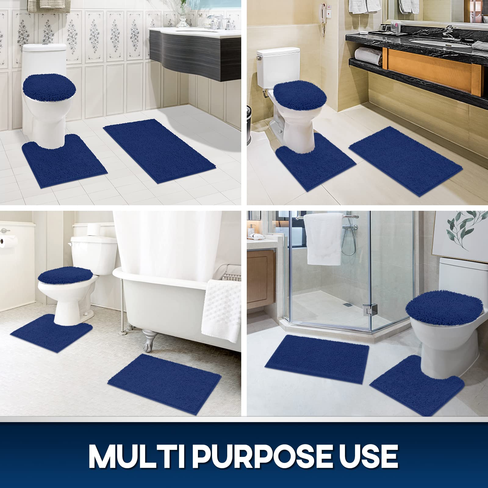 TREETONE Chenille Bath Mat 3 Pieces Bathroom Rugs Set, 20x20 Inches U-Shape Contoured Toilet Mat & 20x32 Inches Rug & Lid Cover,Water Absorbent Plush Rugs for Tub Shower & Bath Room -Beige