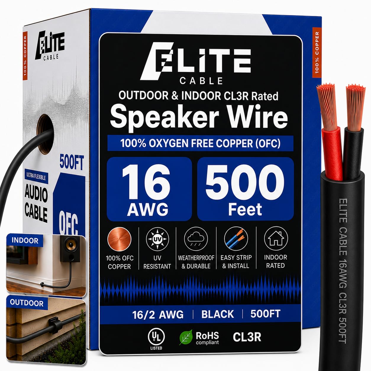 Elite 12/2 Speaker Wire 100ft, UL Listed, CMR/CL3R, (Riser/in-Wall & Outdoor/In-Ground (Direct Burial)- 100% Oxygen Free Pure Bare Copper (OFC), 12AWG/2-Conductor, 100ft Bulk Cable (65 Strands) Black